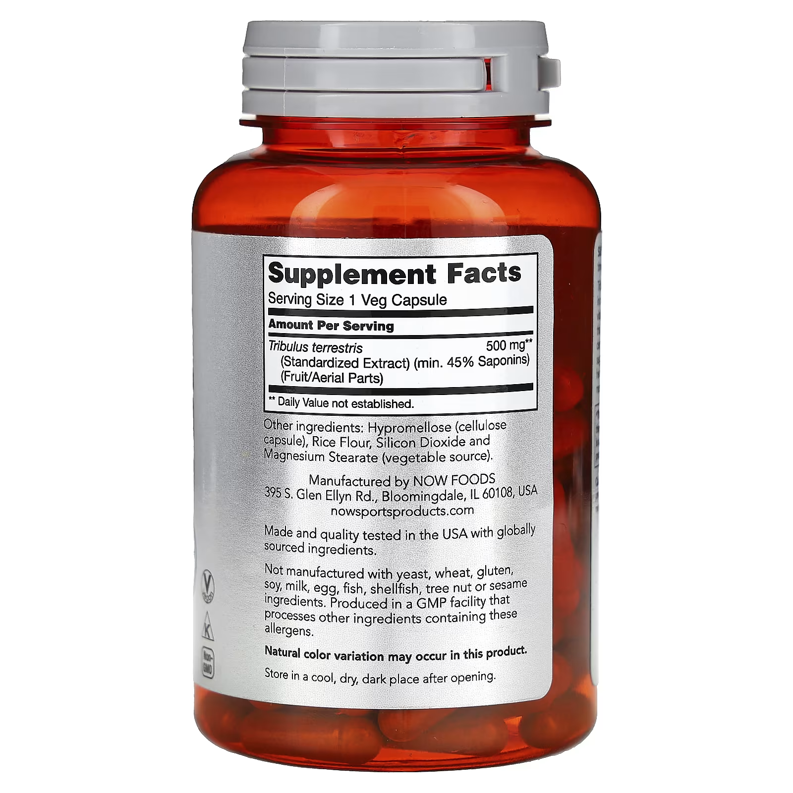 NOW Sports Tribulus 500mg Supplement Facts - Serving Size 1 Veg Capsule - Tribulus terrestris Standardized Extract min. 45% Saponins (Fruit/Aerial Parts) - Vegan, GMP Certified by NOW Foods USA