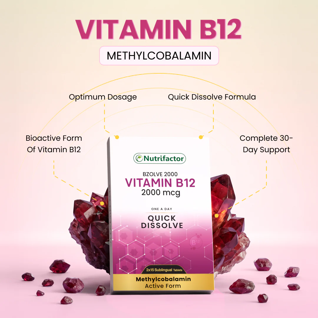 Nutrifactor Bzolve 2000 Vitamin B12 Methylcobalamin infographic – Bioactive Form, Optimum Dosage, Quick Dissolve Formula, Complete 30-Day Support – 2000mcg 2x15 Sublingual Tablets – docxora.com Pakistan