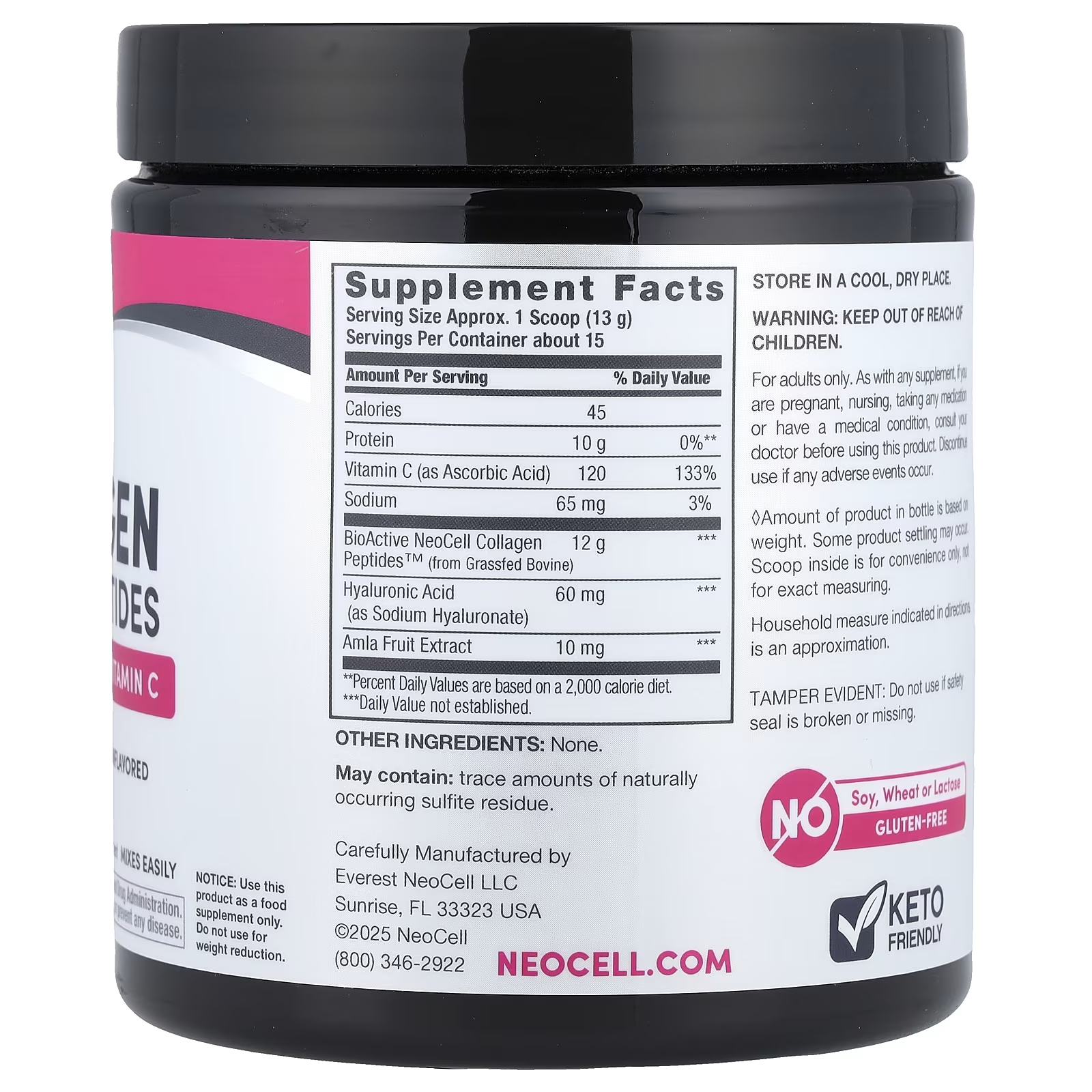 eoCell Advanced Collagen Peptides Supplement Facts Panel - 13g Serving Size, 12g BioActive Collagen Peptides, 60mg Hyaluronic Acid, Vitamin C 120mg, Gluten-Free Keto-Friendly
