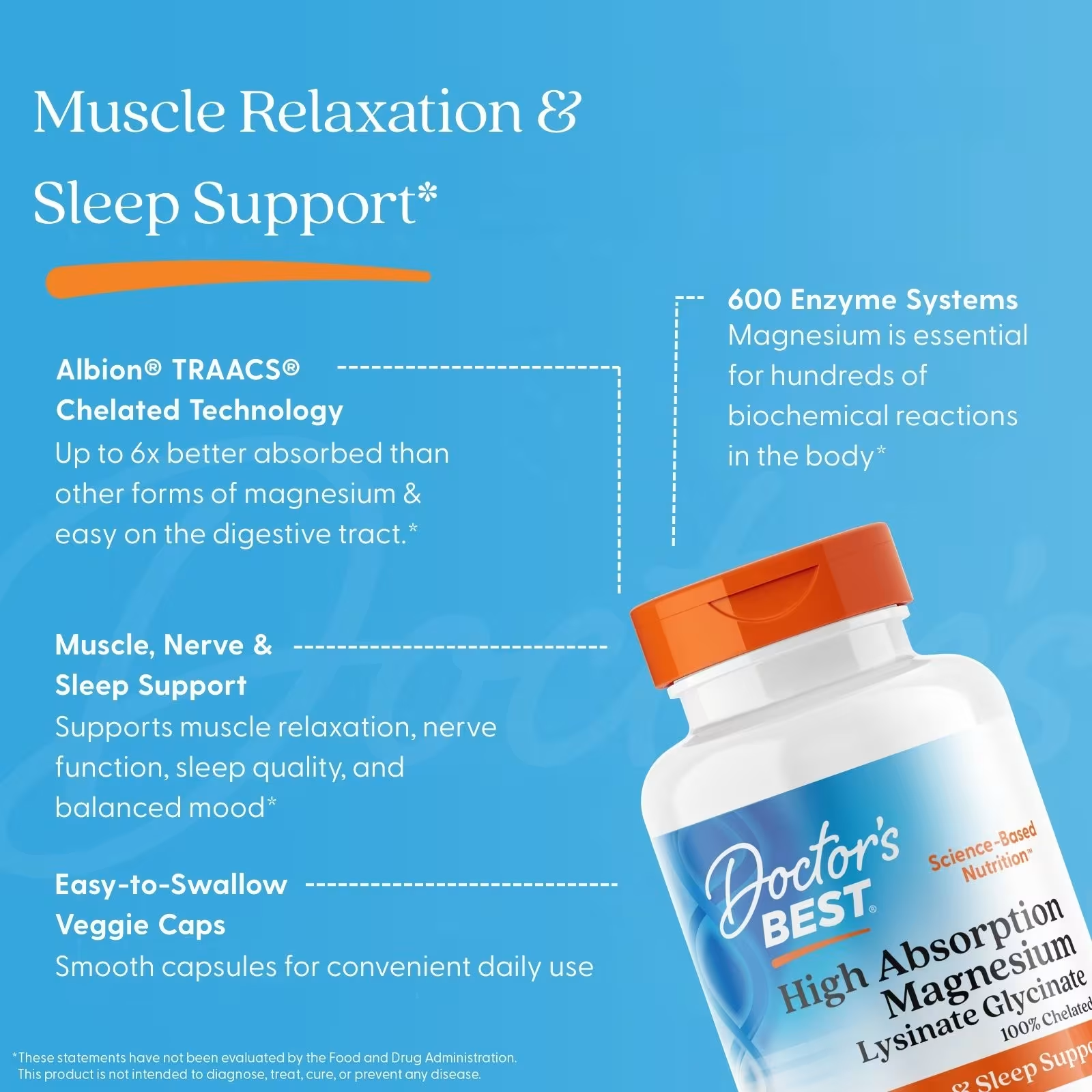 Doctor's Best High Absorption Magnesium - Albion TRAACS Chelated Technology, 6x Better Absorbed, Muscle Nerve & Sleep Support, 600 Enzyme Systems - Easy-to-Swallow Veggie Caps