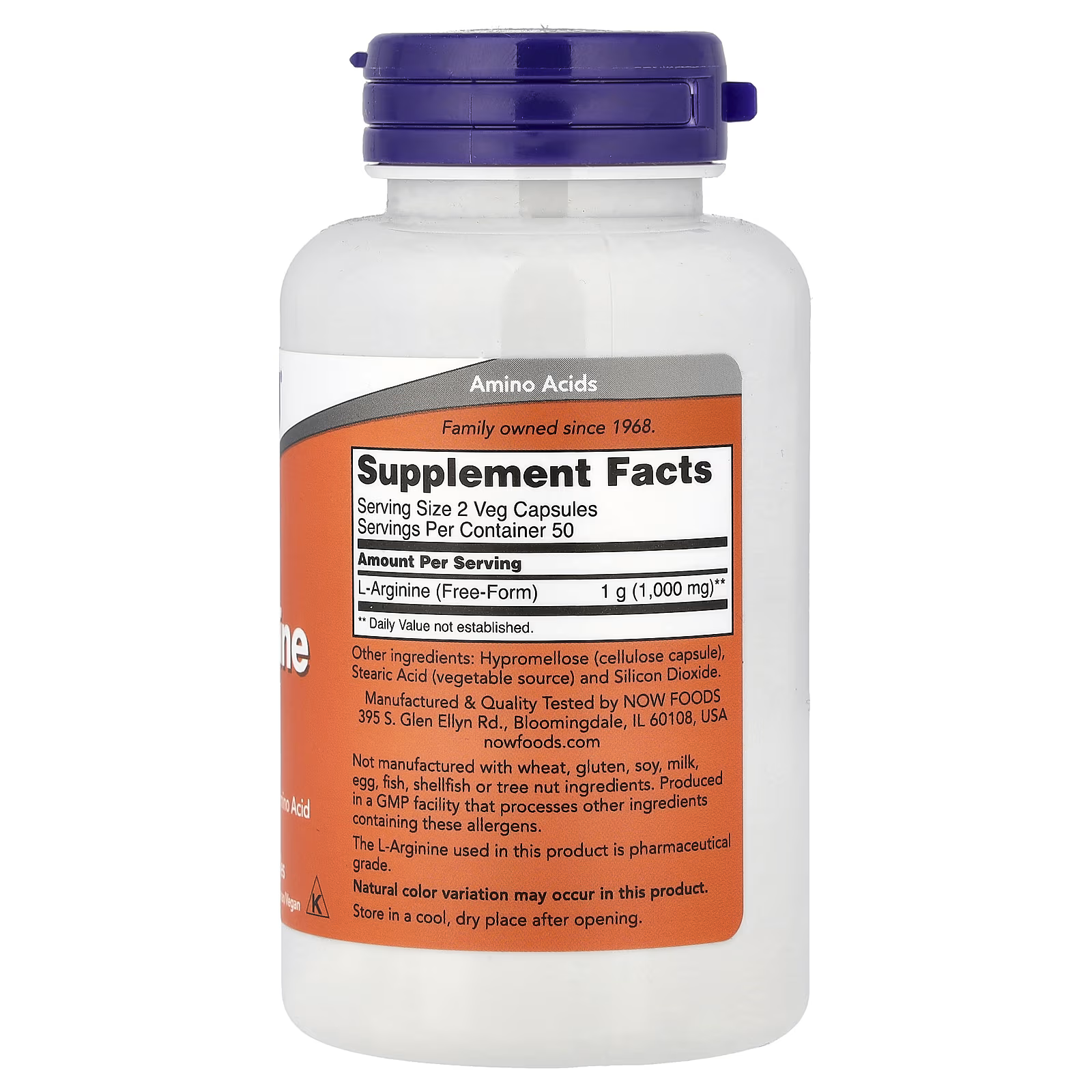 L-Arginine (Free-Form): 1g (1,000mg) per serving (2 capsules) | 50 servings per container
Pharmaceutical Grade L-Arginine (great selling point!)
Other Ingredients: Hypromellose (cellulose capsule), Stearic Acid (vegetable), Silicon Dioxide
Allergen Info: Free from wheat, gluten, soy, milk, egg, fish, shellfish & tree nuts
GMP certified | Made & quality tested in the USA