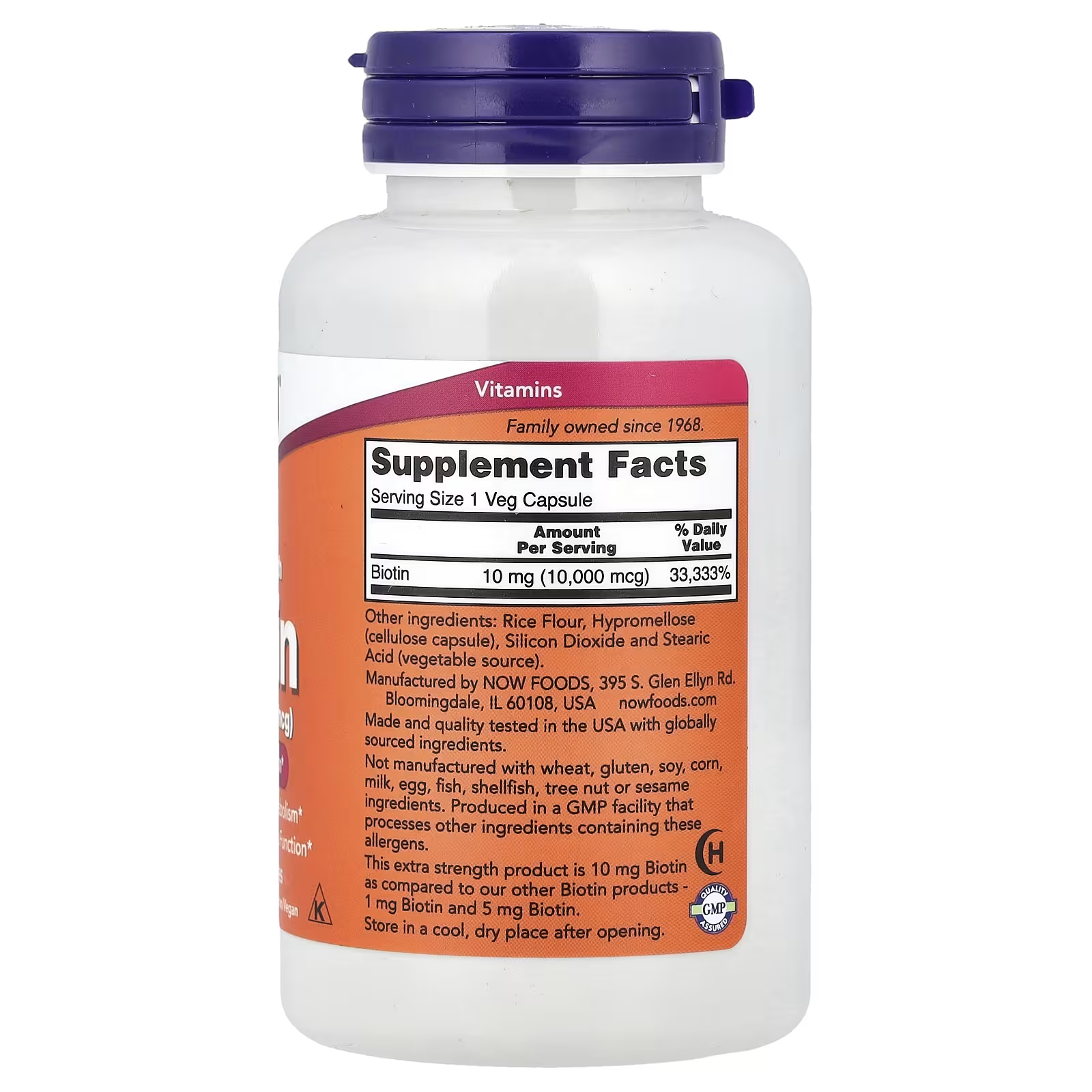 Biotin: 10mg (10,000mcg) — 33,333% DV per capsule
Other Ingredients: Rice Flour, Hypromellose (cellulose capsule), Silicon Dioxide, Stearic Acid (vegetable source)
Allergen info: Free from wheat, gluten, soy, corn, milk, egg, fish, shellfish, tree nut & sesame
Made and quality tested in the USA