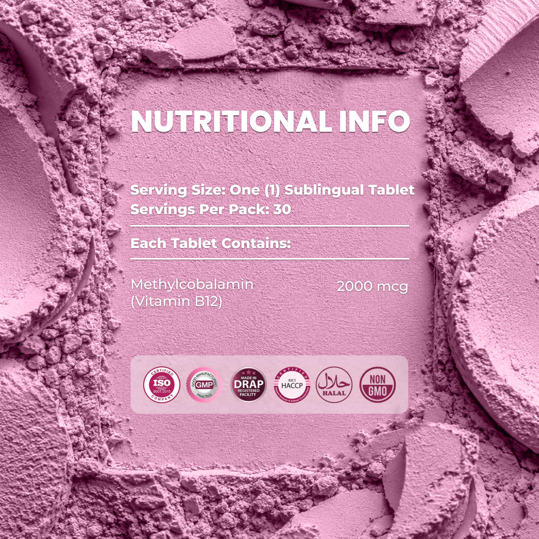 Nutrifactor Bzolve 2000 Vitamin B12 nutritional info – Methylcobalamin 2000mcg per Sublingual Tablet, 30 Servings per Pack, ISO 9001:2015, GMP, DRAP Registered Facility, RICI HACCP, Halal, Non-GMO – docxora.com Pakistan