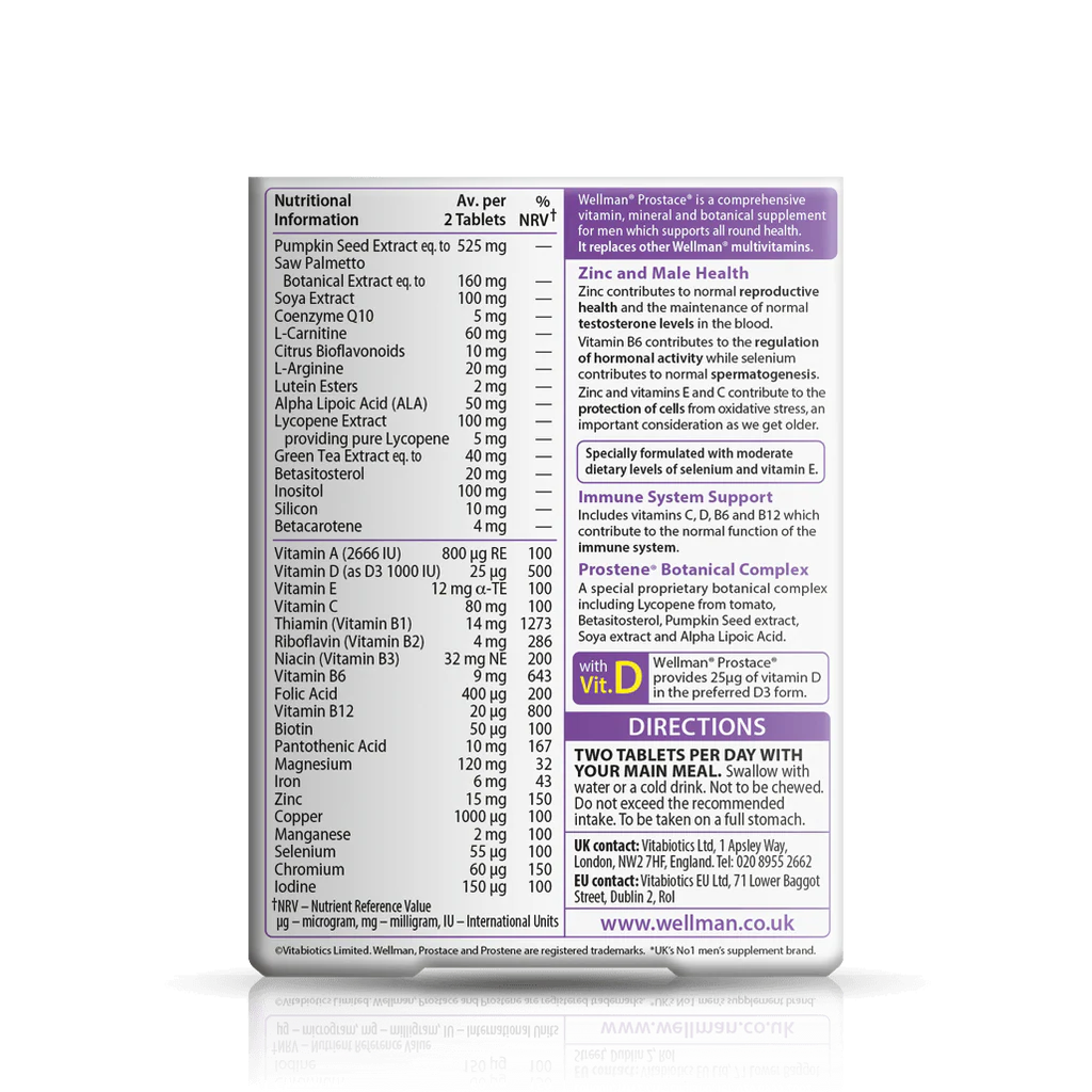 Vitabiotics Wellman Prostace Nutritional Information - Over 30 Nutrients including Zinc 15mg, Selenium 55µg, Vitamin D3 25µg, Saw Palmetto, Lycopene & Pumpkin Seed Extract