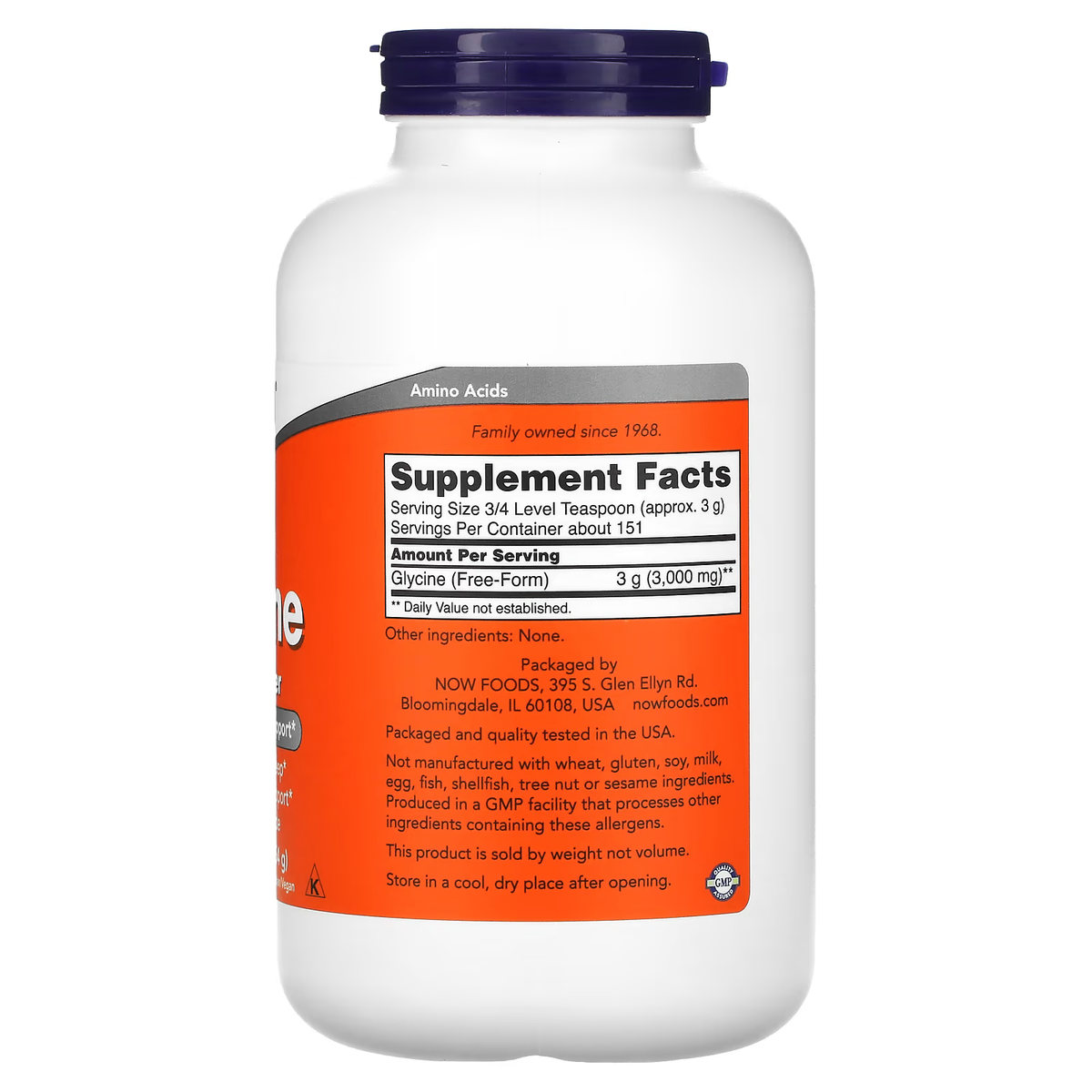 NOW Foods Glycine Pure Powder Supplement Facts Label - Serving Size 3/4 Teaspoon 3g, Glycine Free-Form 3000mg, 151 Servings, No Other Ingredients, GMP Certified, Made in USA - Docxora Pakistan
