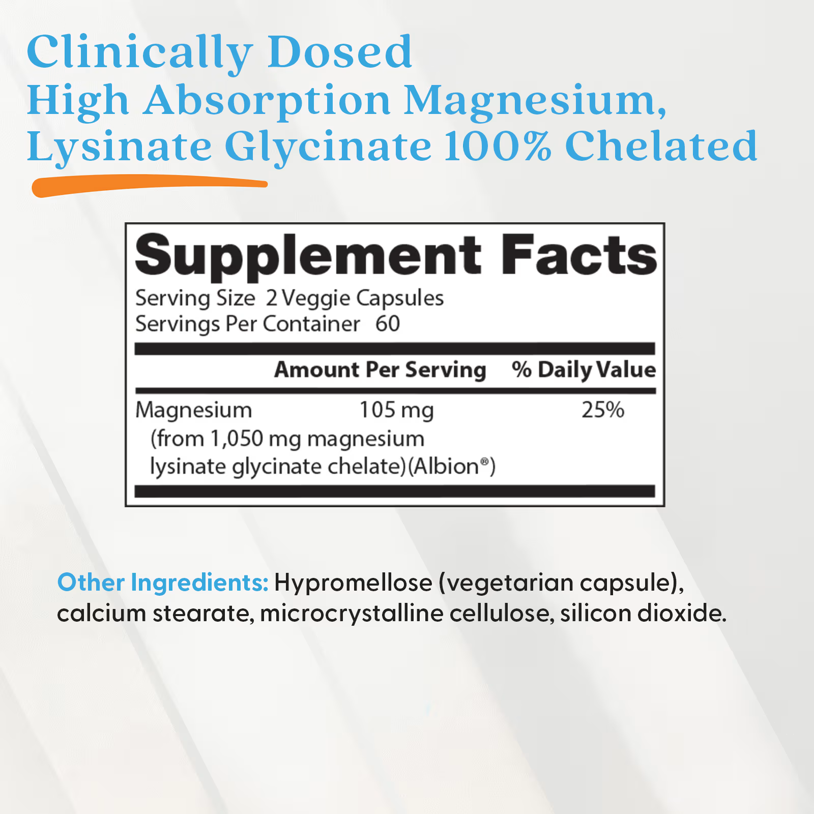 Doctor's Best High Absorption Magnesium Lysinate Glycinate Supplement Facts - 105mg per serving, 60 servings, 100% Chelated Albion - Clinically Dosed Formula