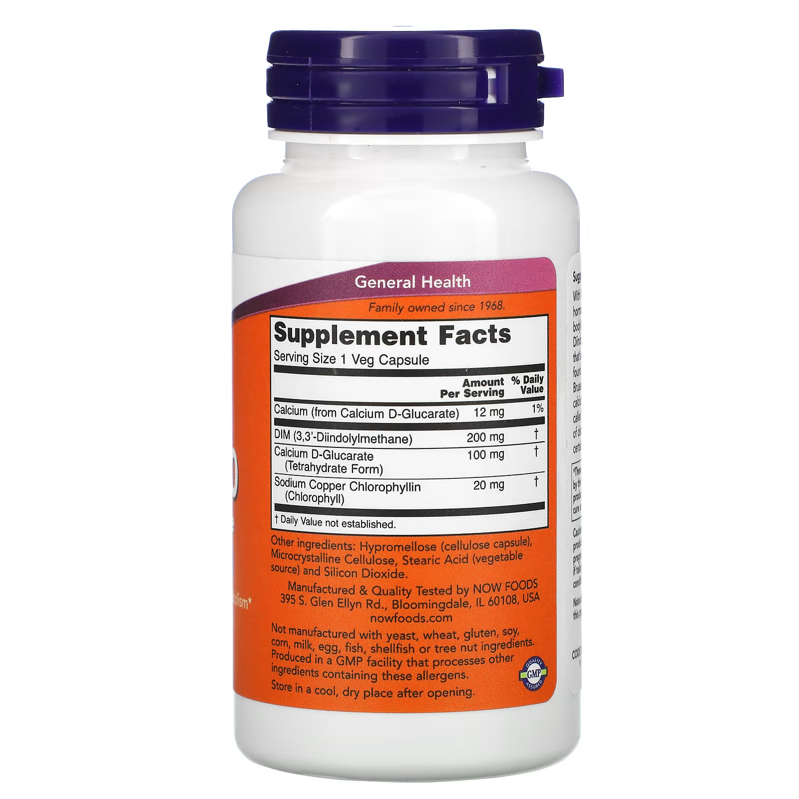 DIM (3,3'-Diindolylmethane) - 200 mg
Calcium D-Glucarate (Tetrahydrate Form) - 100 mg
Sodium Copper Chlorophyllin (Chlorophyll) - 20 mg
Calcium (from Calcium D-Glucarate) - 12 mg
Full other ingredients and allergen info included