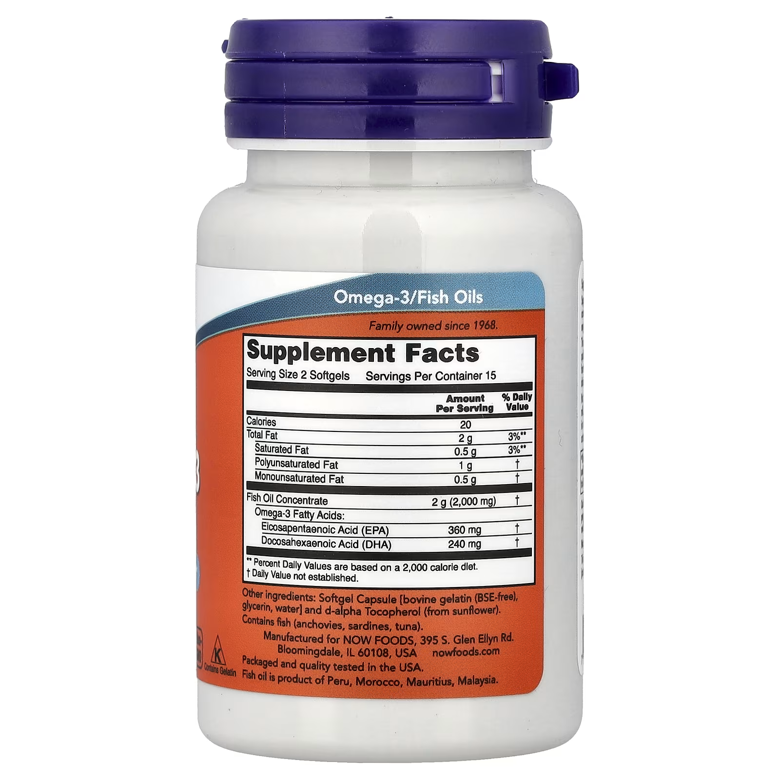 NOW Foods Omega-3 Fish Oil Back Label - Supplement Facts, Serving Size 2 Softgels, 15 Servings, EPA 360mg DHA 240mg, Bovine Gelatin Softgel, Packaged and Quality Tested in the USA