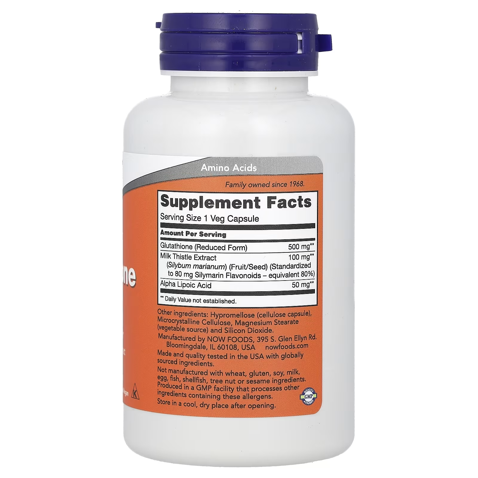 NOW Foods Glutathione Supplement Facts - 500mg Reduced Glutathione, 100mg Milk Thistle Extract (80mg Silymarin 80%), 50mg Alpha Lipoic Acid per Veg Capsule - GMP Certified Made in USA