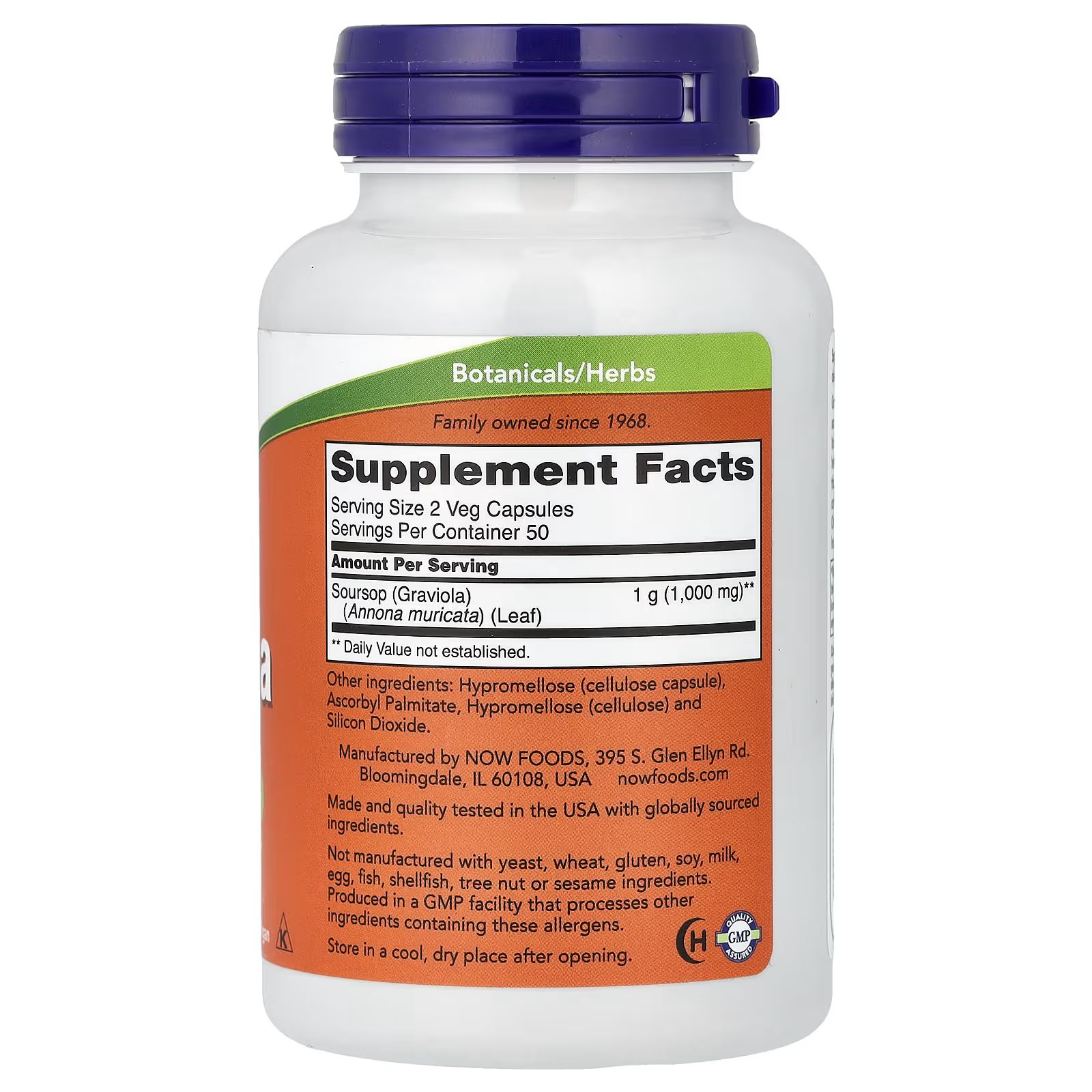 NOW Foods Graviola Supplement Facts Label – 500mg Soursop Annona muricata Leaf per Capsule, 1000mg per Serving, GMP Certified, Made in USA | Docxora.com Pakistan