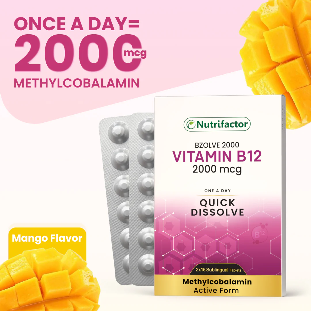 Nutrifactor Bzolve 2000 Vitamin B12 2000mcg Methylcobalamin Mango Flavor – Once a Day Quick Dissolve 2x15 Sublingual Tablets – One Day Equals 2000mcg Methylcobalamin – docxora.com Pakistan