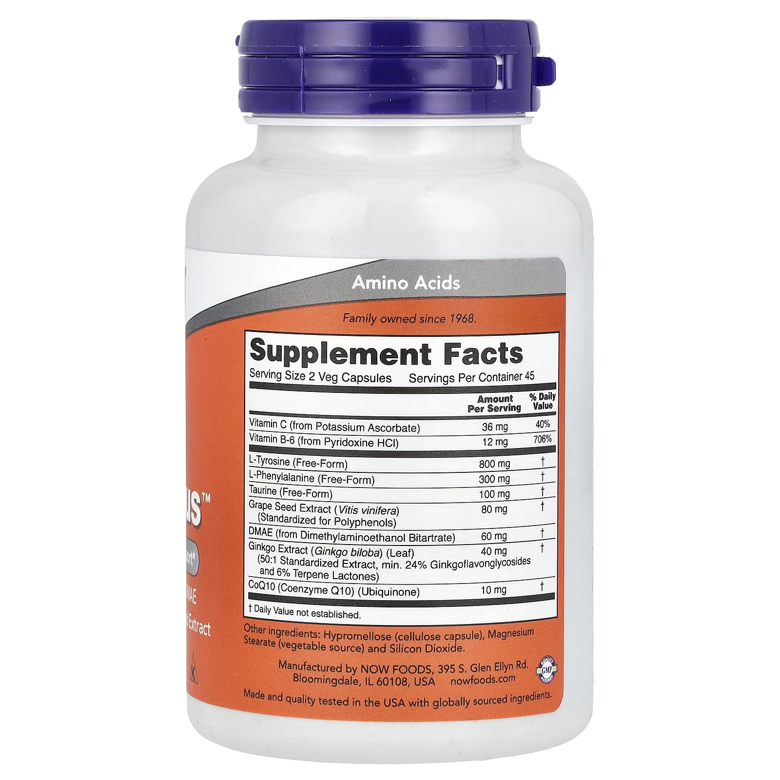 NOW True Focus™ Supplement Facts Panel - Serving Size 2 Veg Capsules, 45 Servings - L-Tyrosine 800mg, L-Phenylalanine 300mg, Taurine 100mg, Grape Seed Extract 80mg, DMAE 60mg, Ginkgo Extract 40mg, CoQ10 10mg, Vitamin B-6, Vitamin C - GMP Certified by NOW Foods USA