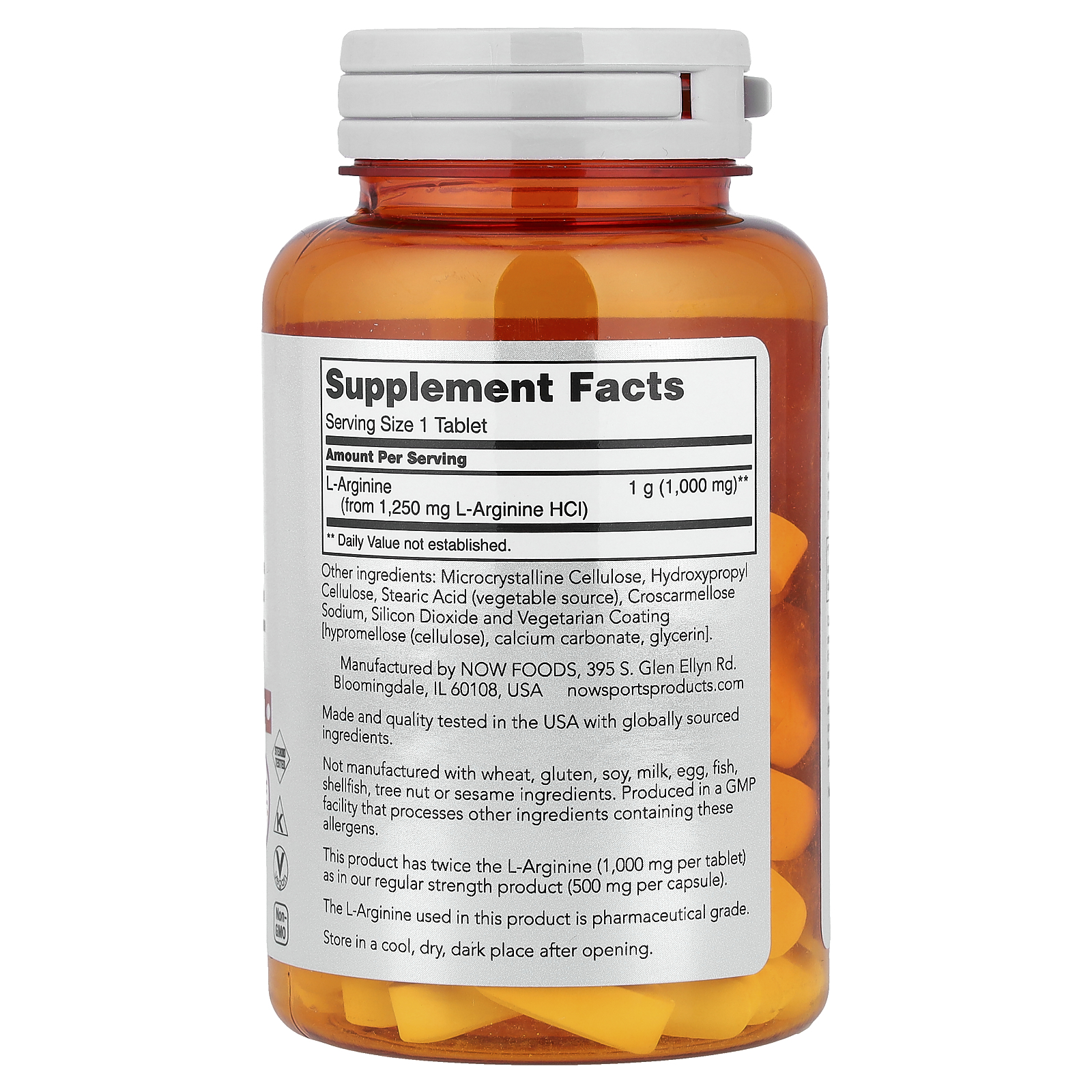 NOW Sports L-Arginine 1000mg Supplement Facts - Serving Size 1 Tablet - L-Arginine 1g (1000mg) from 1250mg L-Arginine HCl - Pharmaceutical Grade Double Strength - GMP Certified Made in USA Gluten Free Soy Free Vegan