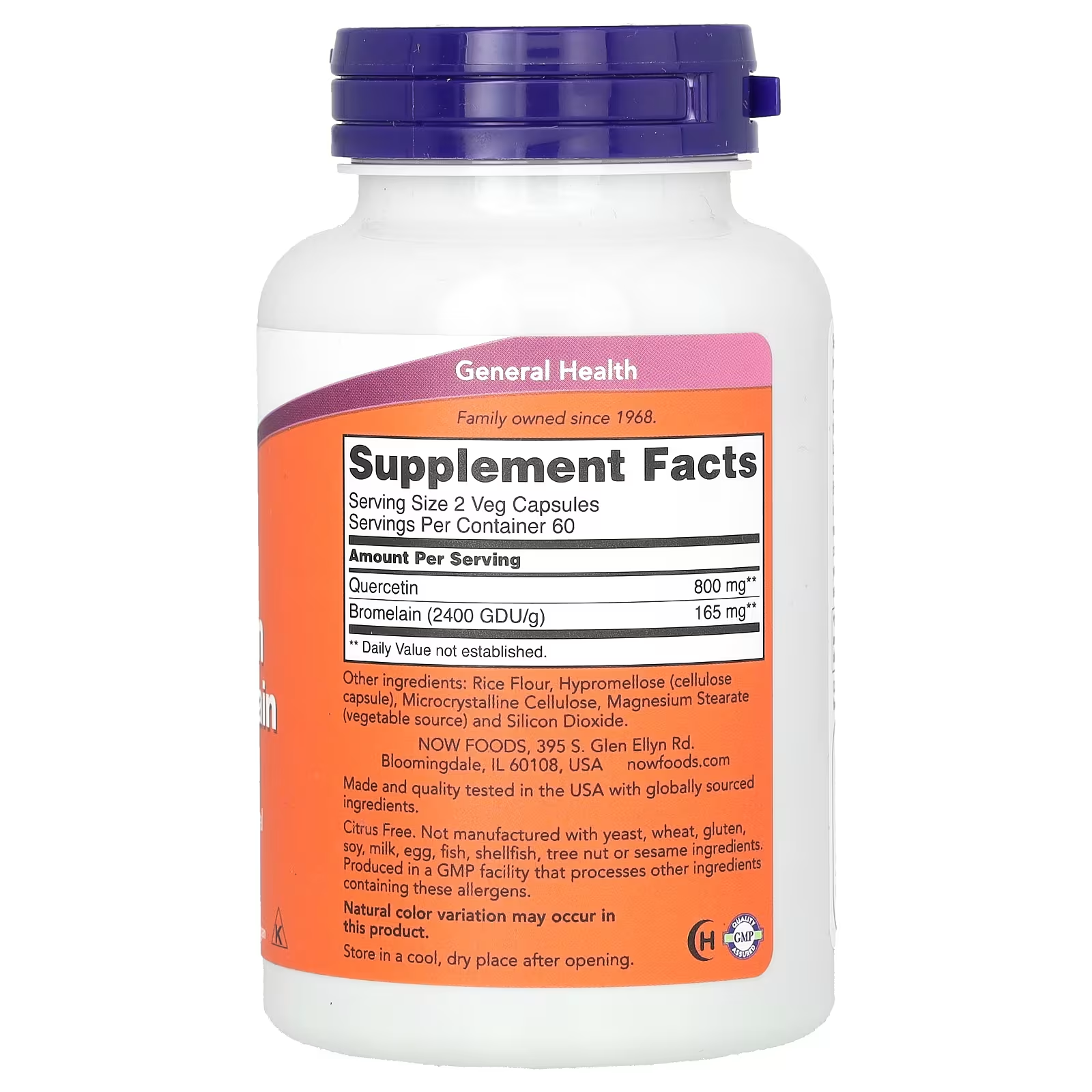 Ingredients: Serving Size: 2 Veg Capsules | Servings Per Container: 60 Amount Per Serving: - Quercetin: 800mg - Bromelain (2400 GDU/g): 165mg Other Ingredients: