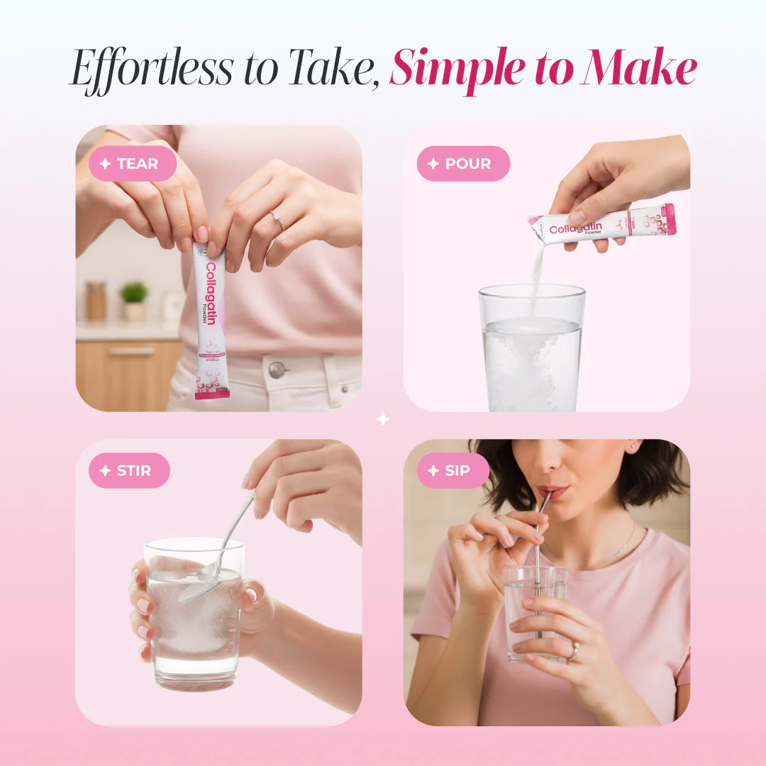 How to use Nutrifactor Collagatin Powder – Step by step: Tear sachet, Pour into water, Stir, and Sip – Effortless collagen drink for Skin, Hair, Nails & Joints – docxora.com Pakistan