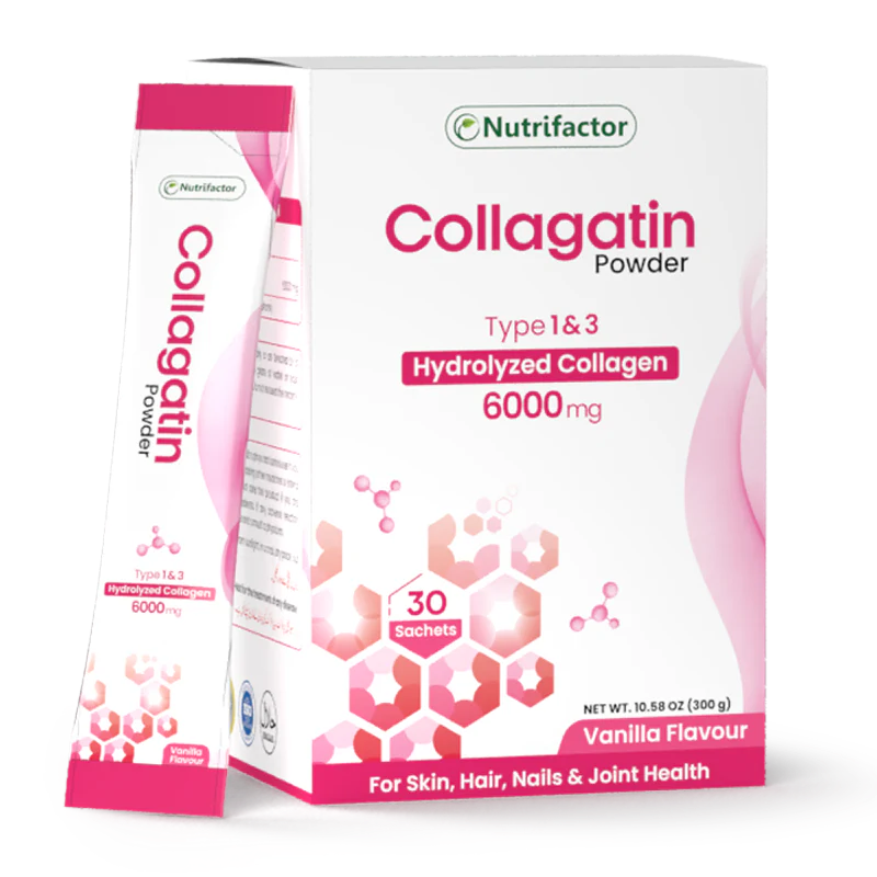 Nutrifactor Collagatin Powder Type 1 & 3 Hydrolyzed Collagen 6000mg Vanilla Flavour 30 Sachets – For Skin, Hair, Nails & Joint Health, available at docxora.com Pakistan