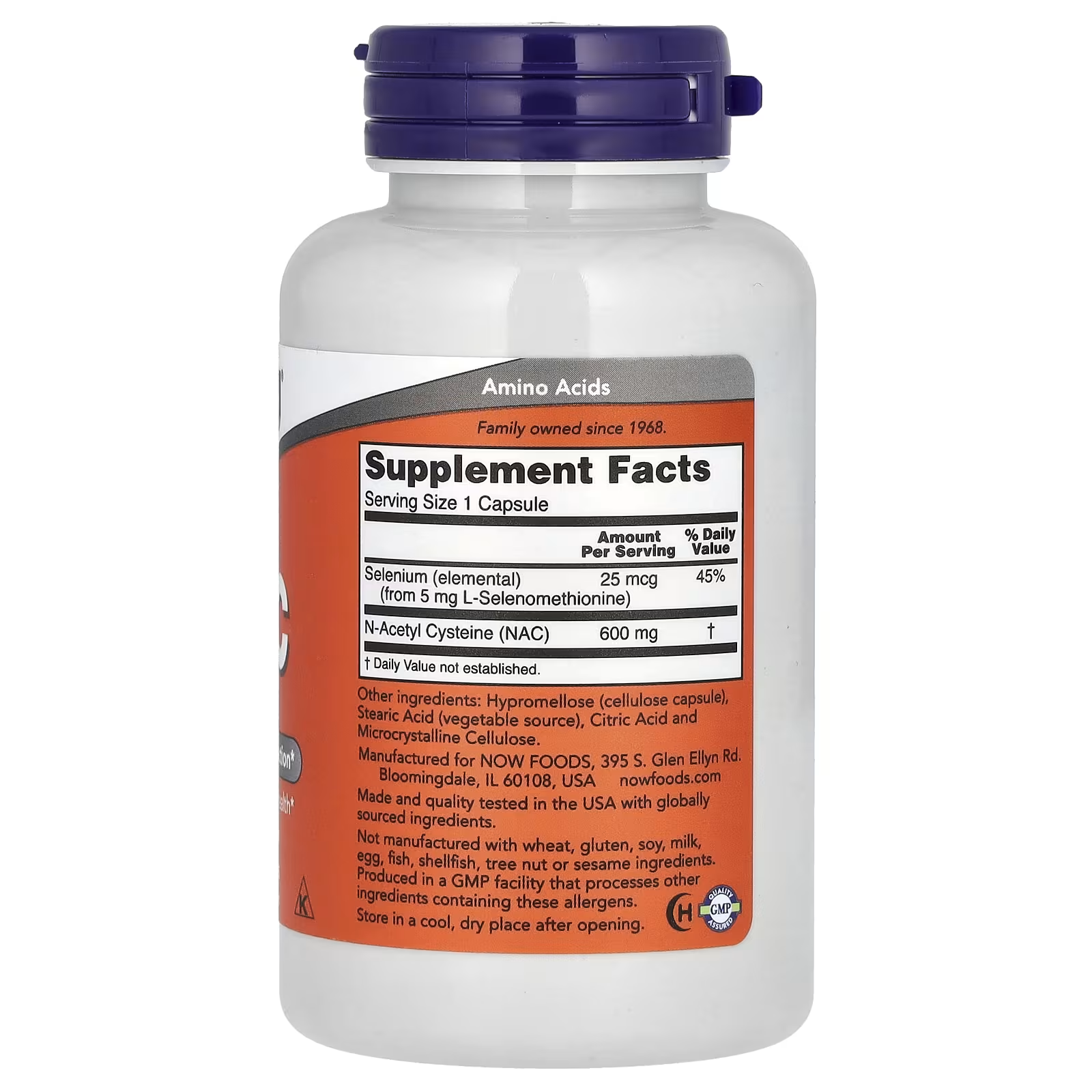NOW Foods NAC 600mg with Selenium Supplement Facts - Selenium 25mcg from L-Selenomethionine, N-Acetyl Cysteine 600mg, Serving Size 1 Capsule, GMP Certified, Made in USA - Docxora Pakistan
