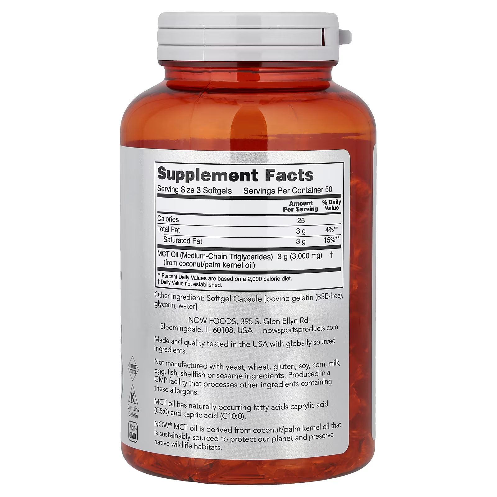 NOW Sports MCT Oil 1000mg Supplement Facts – 3g MCT per serving from coconut/palm kernel oil, 150 Softgels, Non-GMO, GMP Certified