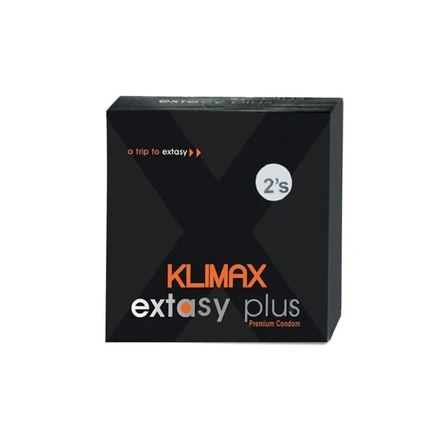 Front of Klimax Extasy Plus 2-pack of premium condoms, available at docxora.com Pakistan