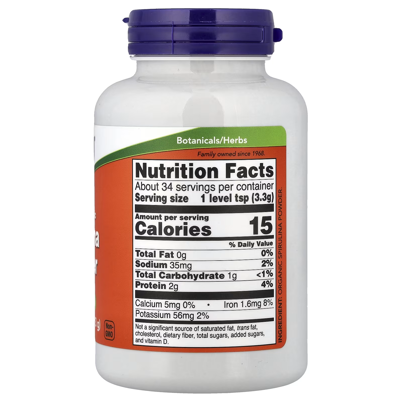 Ingredient: 100% Organic Spirulina Powder (Arthrospira platensis) Nutrition Facts (Per Serving: 1 level tsp / 3.3g | About 34 servings per container): -
