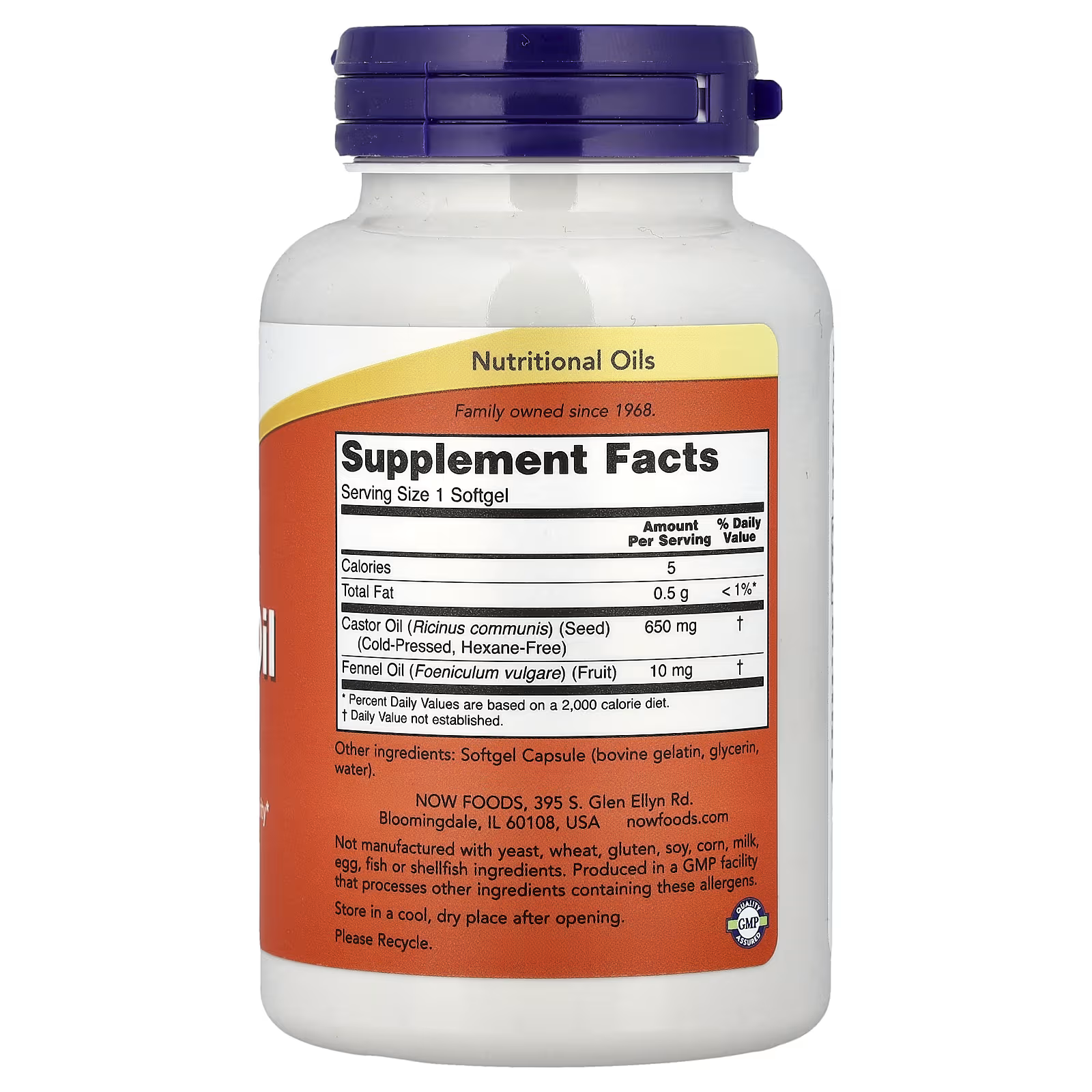 Castor Oil (Cold-Pressed, Hexane-Free): 650mg per softgel
Fennel Oil: 10mg per softgel
Calories: 5 | Total Fat: 0.5g
Other Ingredients: Softgel Capsule (bovine gelatin, glycerin, water)
Allergen Info: Free from yeast, wheat, gluten, soy, corn, milk, egg, fish & shellfish
Note: Contains bovine gelatin — not suitable for vegetarians or vegans