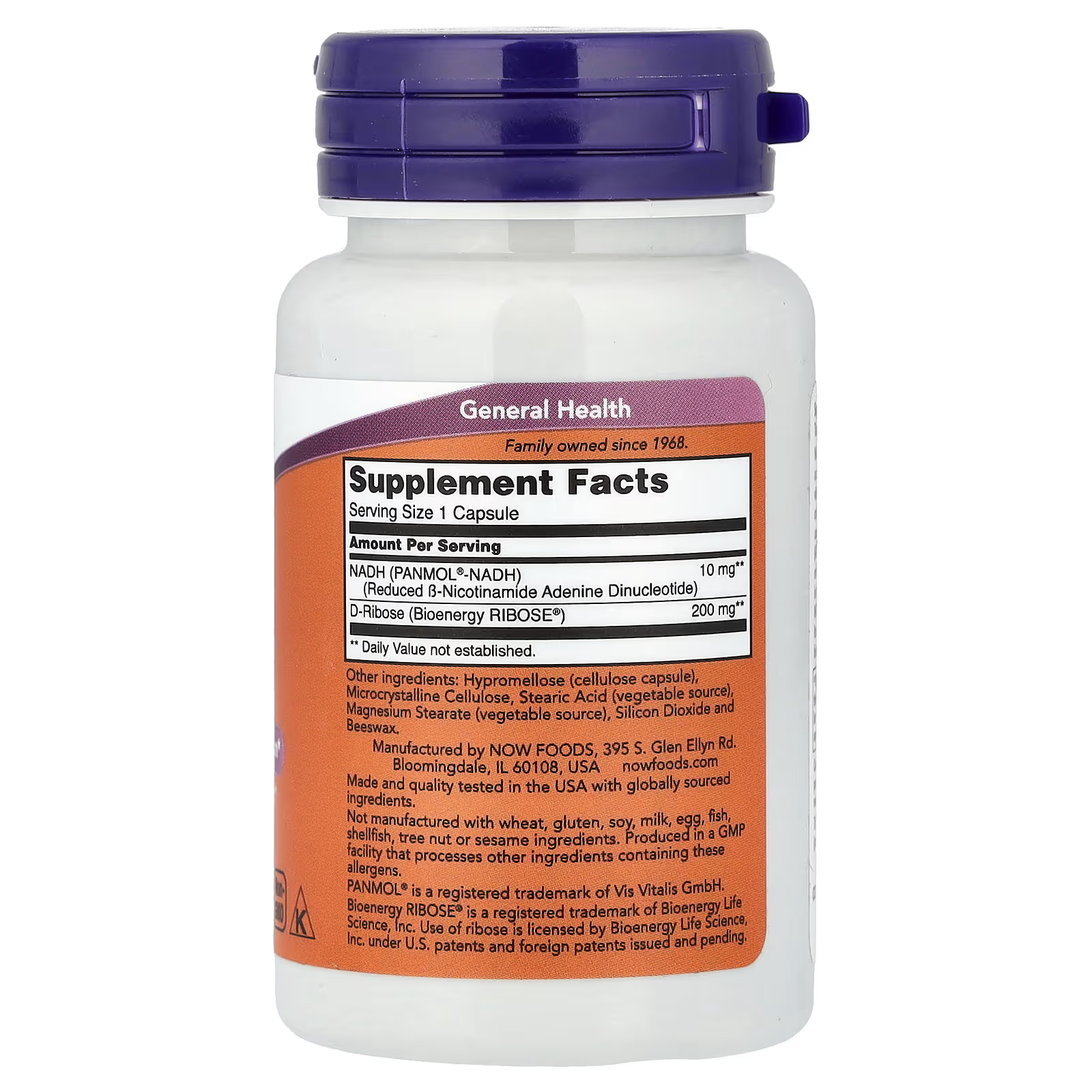 NOW Foods NADH 10mg Supplement Facts – PANMOL NADH 10mg & D-Ribose 200mg per Capsule, Bioenergy RIBOSE, GMP Certified, Made in USA