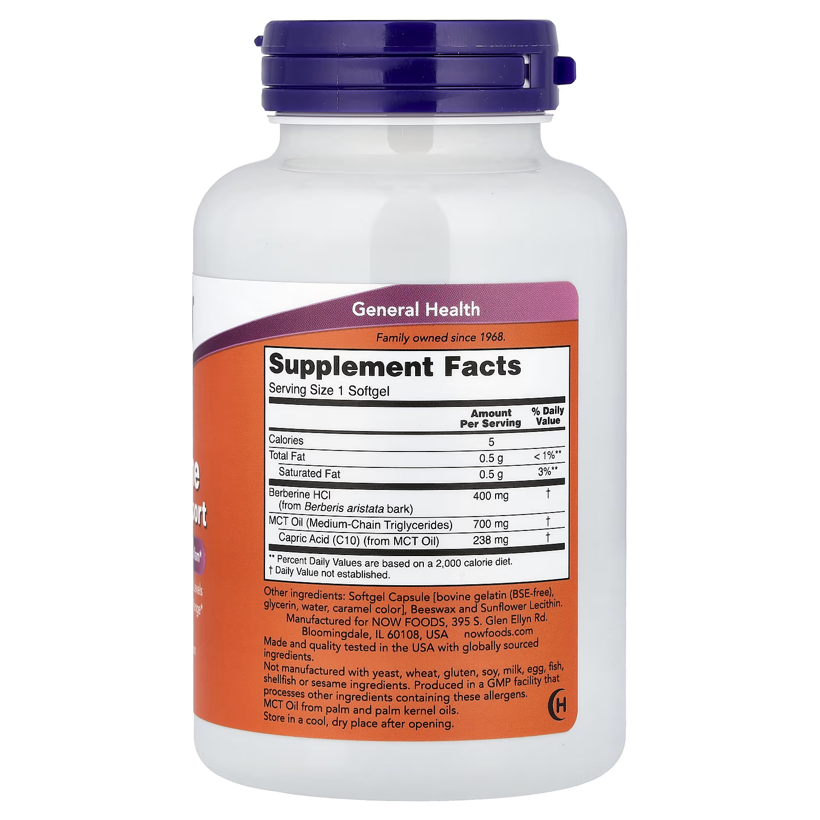 NOW Foods Berberine Glucose Support Supplement Facts - Berberine HCl 400mg, MCT Oil 700mg, Capric Acid C10 238mg per Softgel, Halal GMP Certified, General Health, docxora.com Pakistan