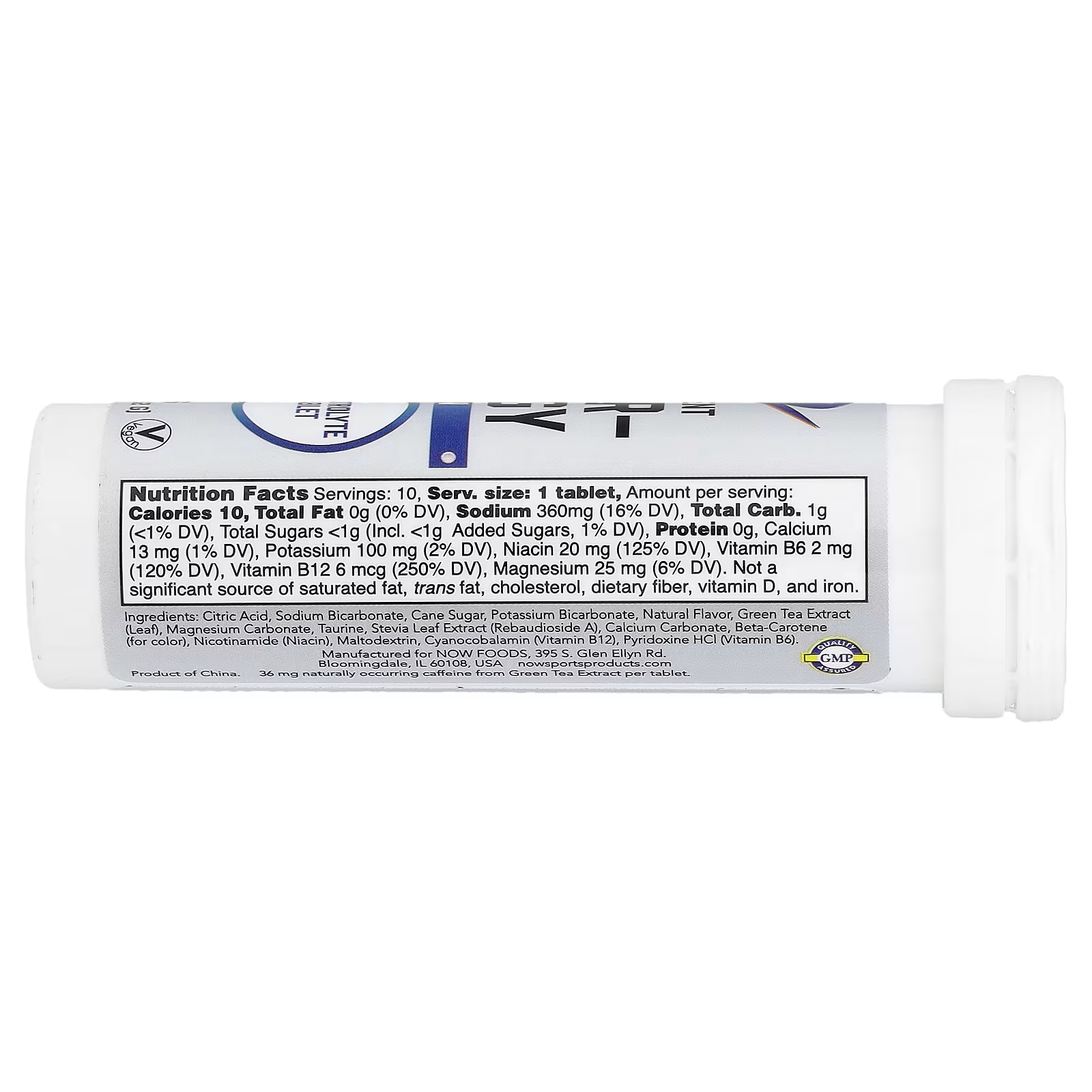 Calories: 10 per tablet
Sodium: 360mg (16% DV)
Potassium: 100mg (2% DV)
Niacin: 20mg (125% DV)
Vitamin B6: 2mg (120% DV)
Vitamin B12: 6mcg (250% DV)
Magnesium: 25mg (6% DV)
Caffeine: 36mg naturally from Green Tea Extract
