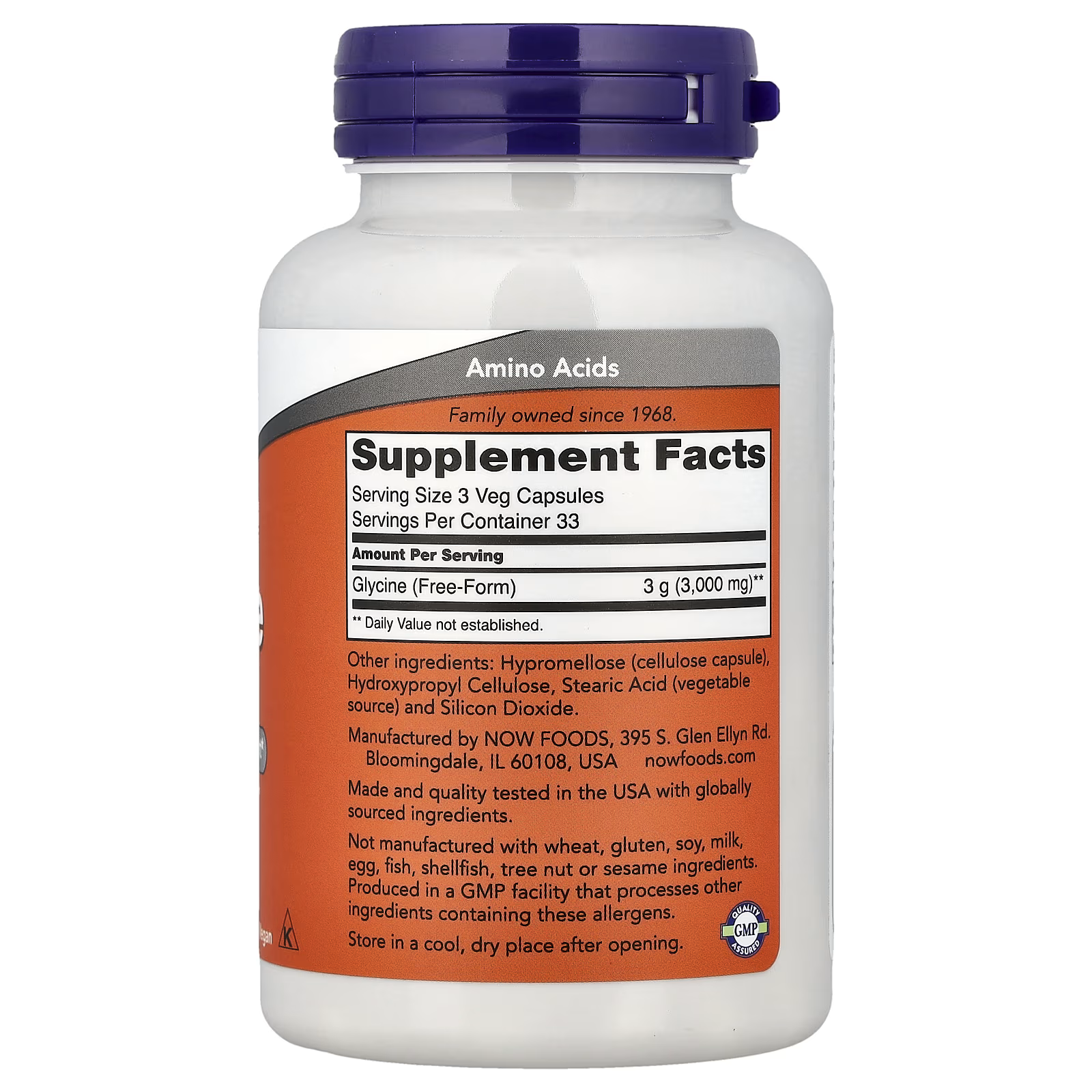 NOW Foods Glycine 1000mg Supplement Facts Label - Serving Size 3 Veg Capsules, Glycine Free-Form 3000mg, Hypromellose Capsule, GMP Certified, Made in USA - Docxora Pakistan
