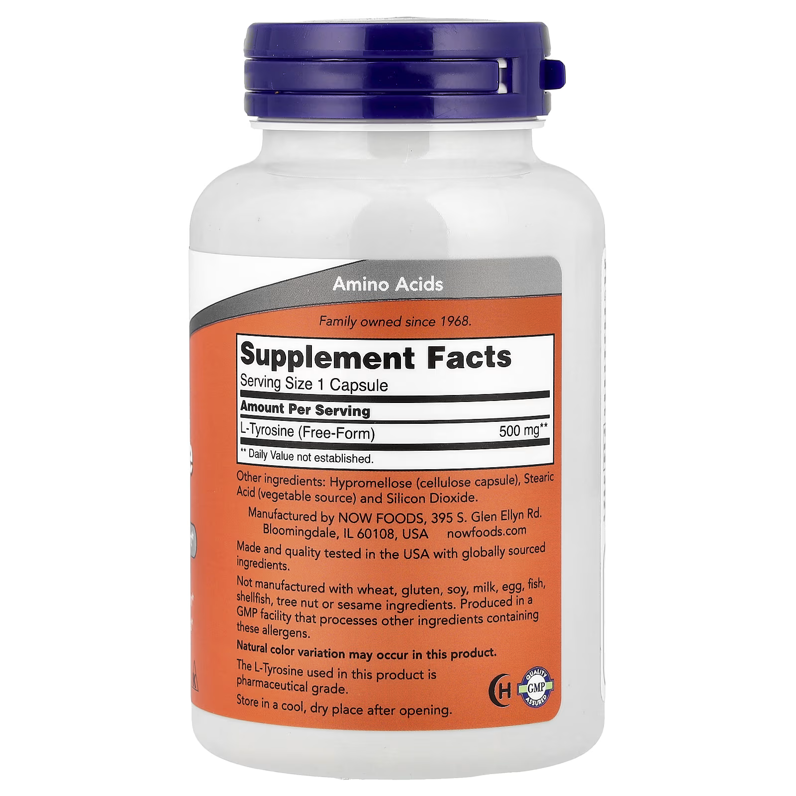 NOW Foods L-Tyrosine 500mg Supplement Facts - Serving Size 1 Capsule - L-Tyrosine Free-Form 500mg - Pharmaceutical Grade - Other Ingredients Hypromellose Stearic Acid Silicon Dioxide - GMP Certified Made in USA Gluten Free Soy Free Dairy Free