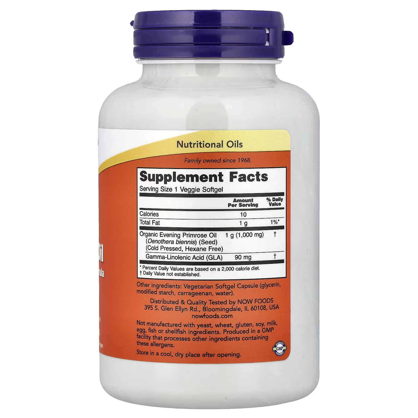 Organic EPO (Cold Pressed, Hexane Free): 1,000mg per softgel
GLA (Gamma-Linolenic Acid): 90mg per softgel
Calories: 10 | Total Fat: 1g
Other Ingredients: Vegetarian Softgel Capsule (glycerin, modified starch, carrageenan, water)
Allergen Info: Free from yeast, wheat, gluten, soy, milk, egg, fish & shellfish
Category: Nutritional Oils | GMP certified