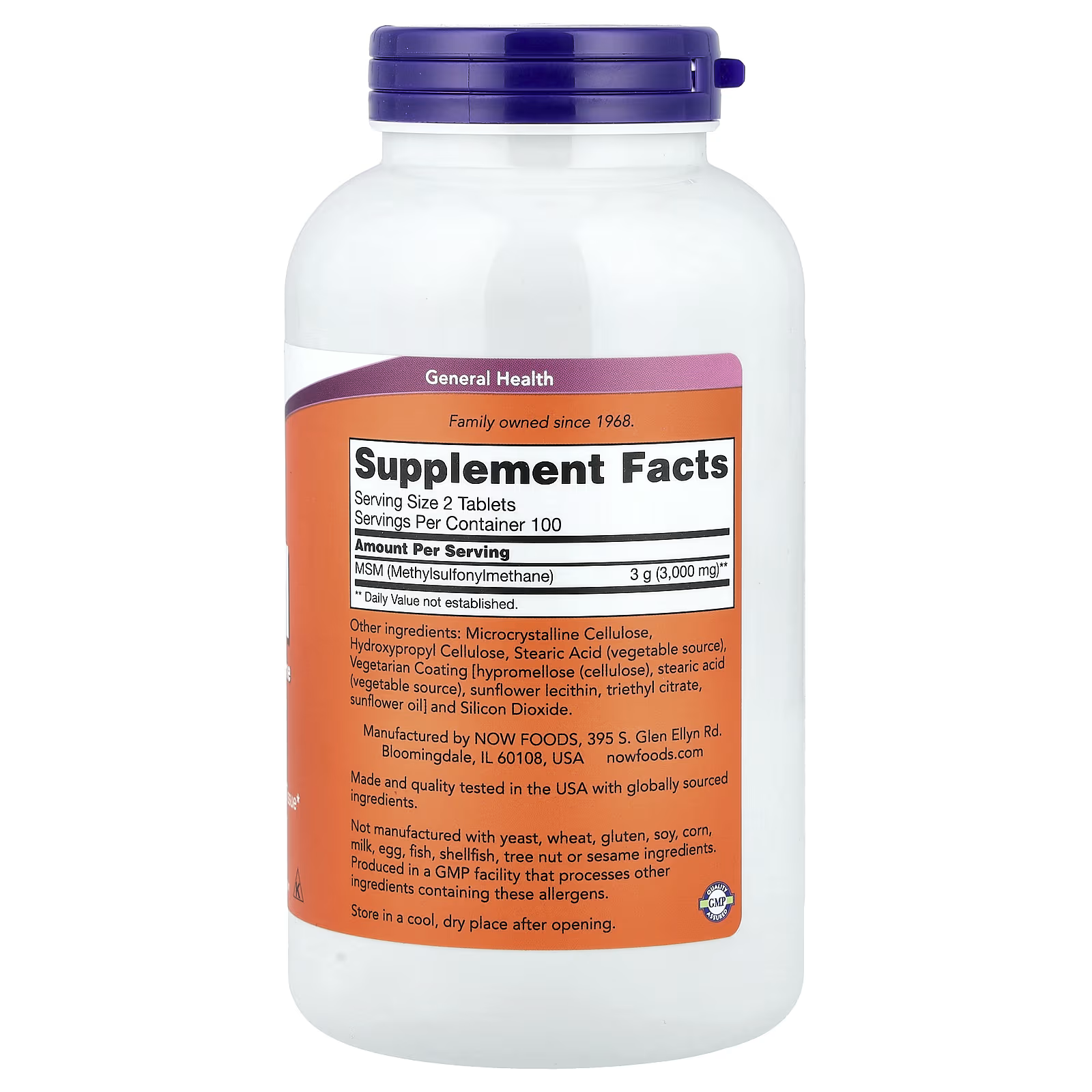 NOW Foods MSM Methylsulfonylmethane Supplement Facts - Serving Size 2 Tablets, 100 Servings - MSM 3g (3000mg) per serving - Vegetarian Coating, GMP Certified, Made in USA by NOW Foods