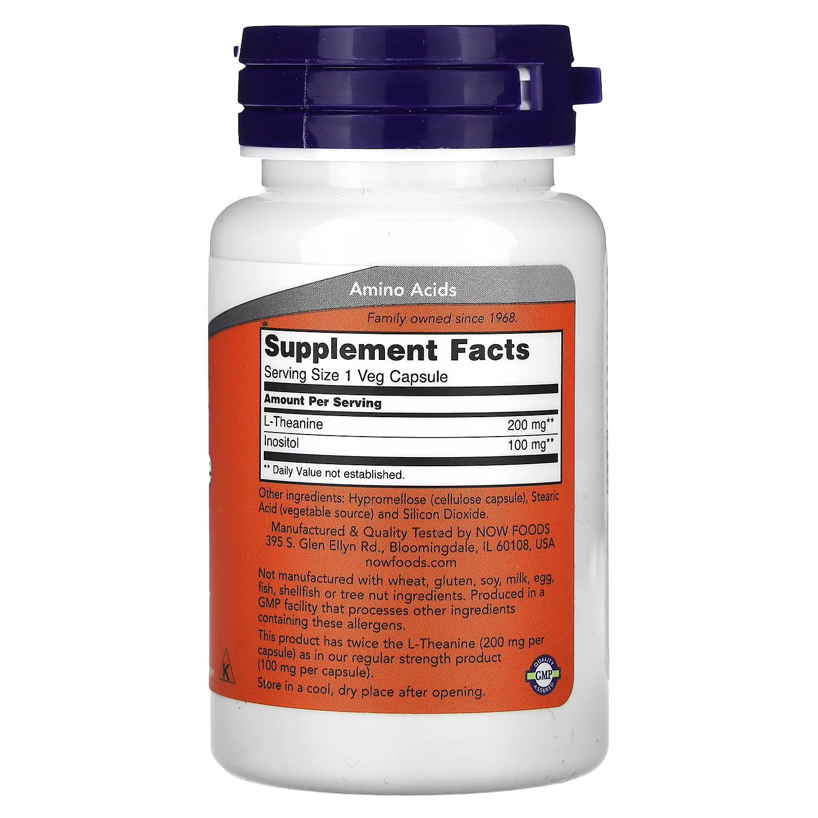 NOW Foods L-Theanine 200mg Supplement Facts - Serving Size 1 Veg Capsule - 200mg L-Theanine & 100mg Inositol Per Serving - GMP Certified - No Wheat Gluten Soy - Made by NOW Foods USA - Docxora Pakistan