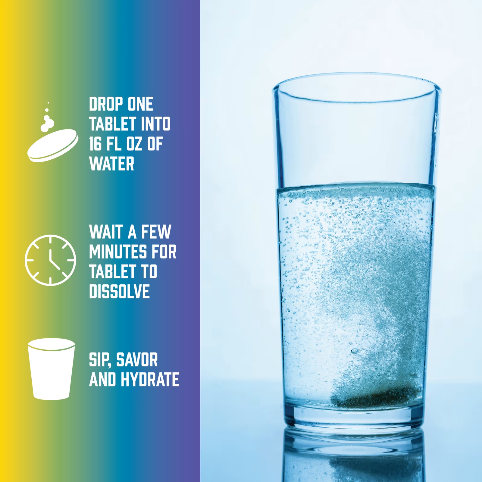 NOW Sports Effer-Energy How to Use - Drop One Tablet into 16 fl oz of Water, Wait a Few Minutes to Dissolve, Sip Savor and Hydrate
