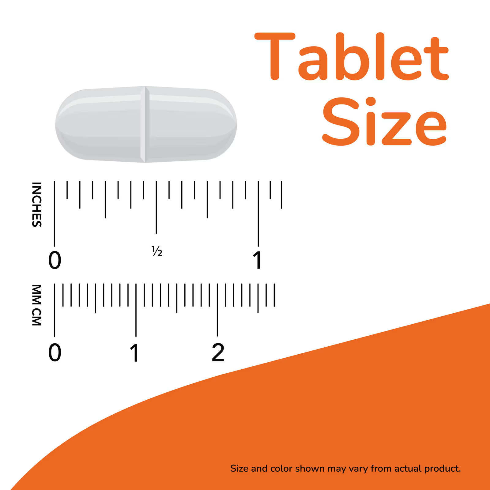 NOW Foods Calcium & Magnesium Tablet Size Reference - approximately 1 inch (2cm) white oval scored tablet with ruler scale