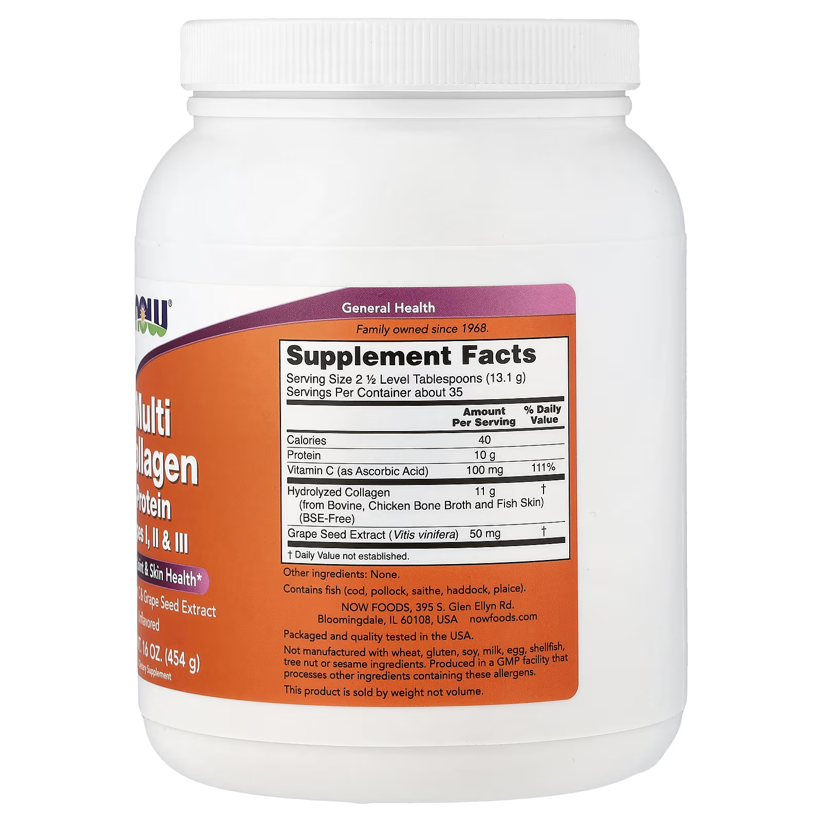 NOW Multi Collagen Protein Supplement Facts - 13.1g serving, 35 servings, 11g Hydrolyzed Collagen, 100mg Vitamin C, 50mg Grape Seed Extract - BSE-Free, Non-GMO
