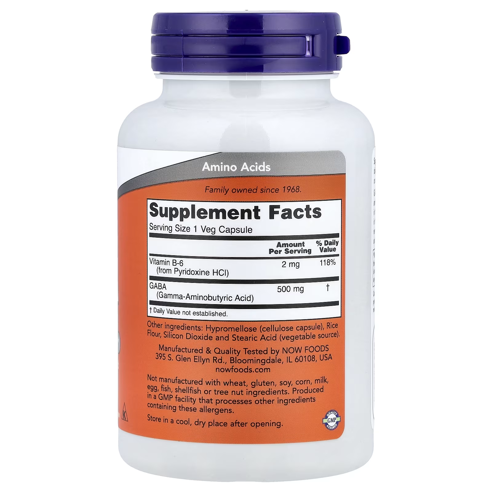 NOW Foods GABA Supplement Facts Label – 500mg Gamma-Aminobutyric Acid, Vitamin B-6 2mg from Pyridoxine HCl 118% DV, GMP Certified, Made in USA | Docxora.com Pakistan