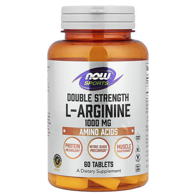 NOW Sports L-Arginine 1000mg Double Strength - 60 Tablets - Amino Acids - Protein Metabolism - Nitric Oxide Precursor - Muscle Maintenance - Vegan Non-GMO Dietary Supplement