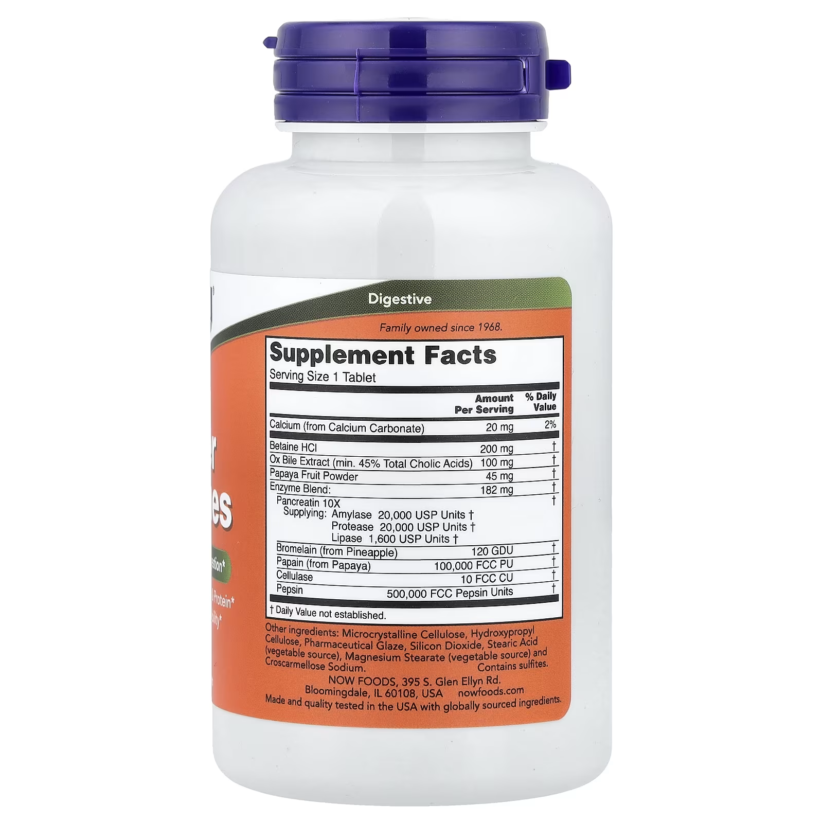 NOW Super Enzymes 90 Tablets Supplement Facts label - Pancreatin 10X, Betaine HCl 200mg, Ox Bile Extract 100mg, Bromelain 120 GDU, Papain 100,000 FCC PU, Pepsin 500,000 FCC Units - Digestive Enzyme Supplement by NOW Foods USA