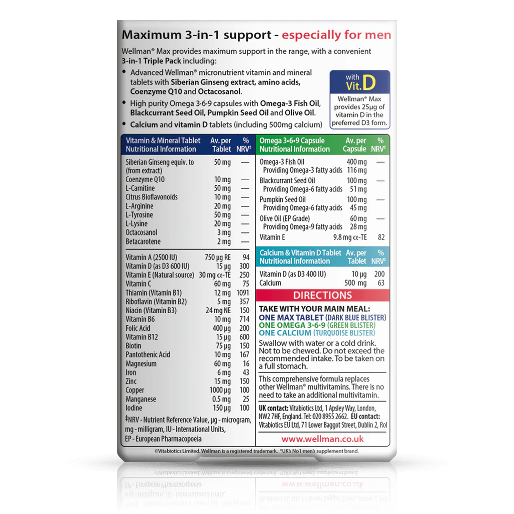Vitabiotics Wellman Max Nutritional Information - 3-in-1 Triple Pack: Multivitamin Tablet (27 nutrients, Zinc 15mg, Iron 6mg, Vitamin D3 15µg), Omega 3-6-9 Capsule (Fish Oil 400mg, Calcium 500mg) & Calcium + Vitamin D Tablet