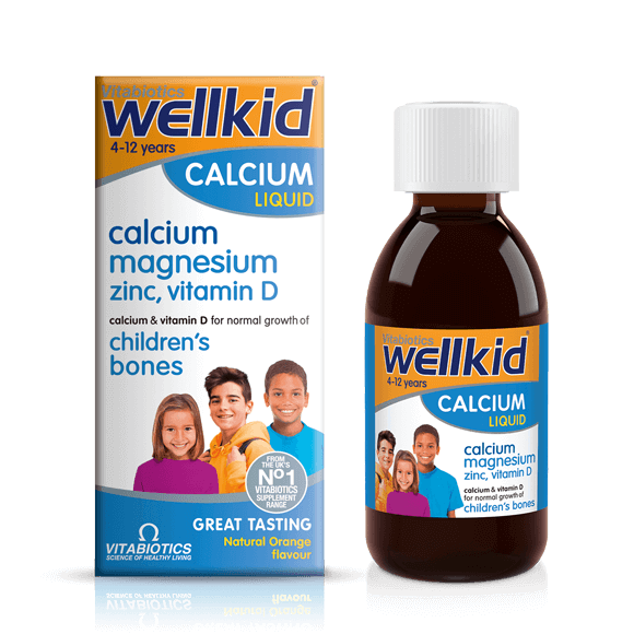 VITABIOTICS Wellkid Calcium Liquid Syrup 150ml - Calcium Magnesium Zinc Vitamin D for Children 4-12 Years - Natural Orange Flavour - Available at docxora.com Pakistan