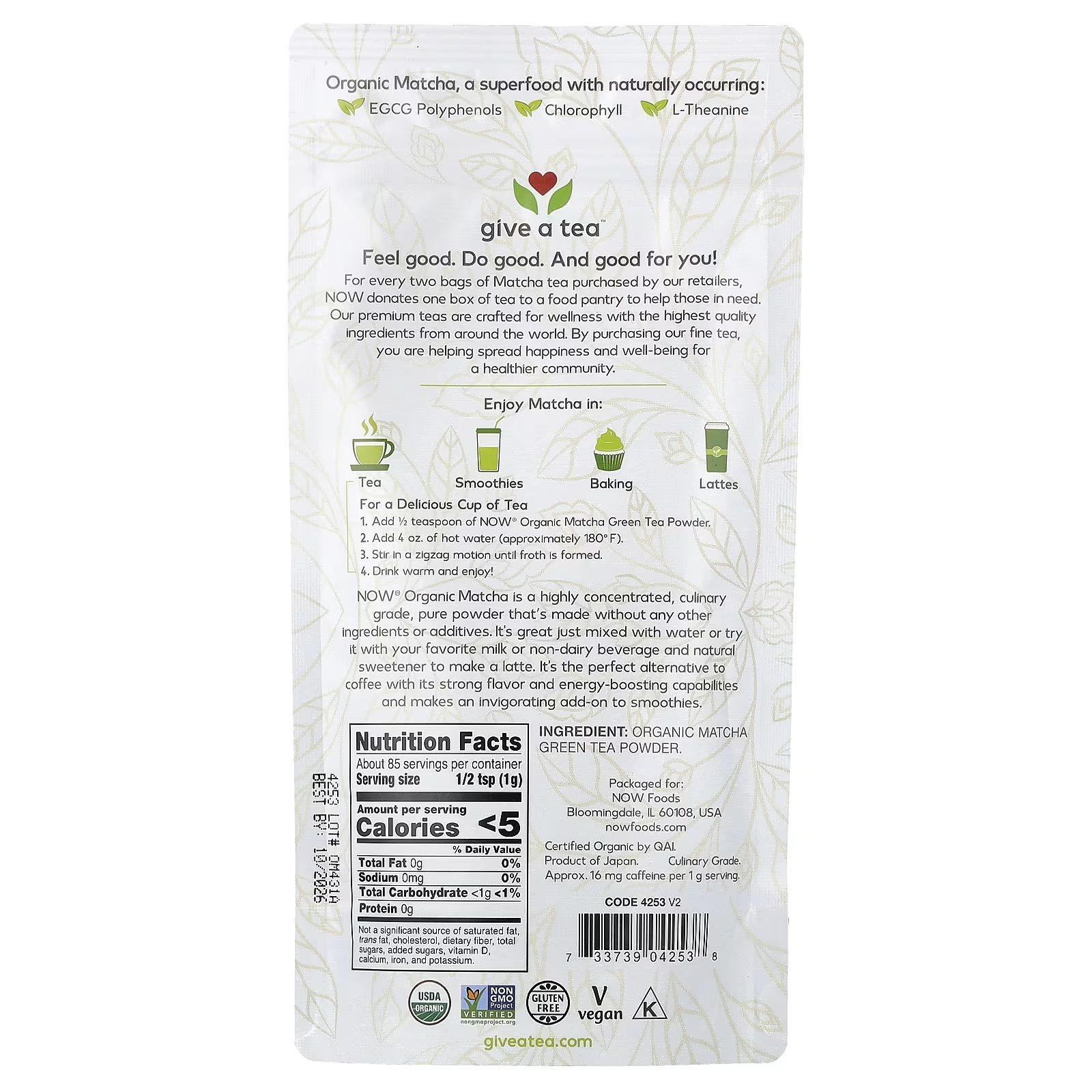 NOW Organic Matcha Green Tea Powder Back Label - Nutrition Facts EGCG Chlorophyll L-Theanine USDA Organic Non-GMO Gluten Free Vegan 85 Servings - Docxora Pakistan