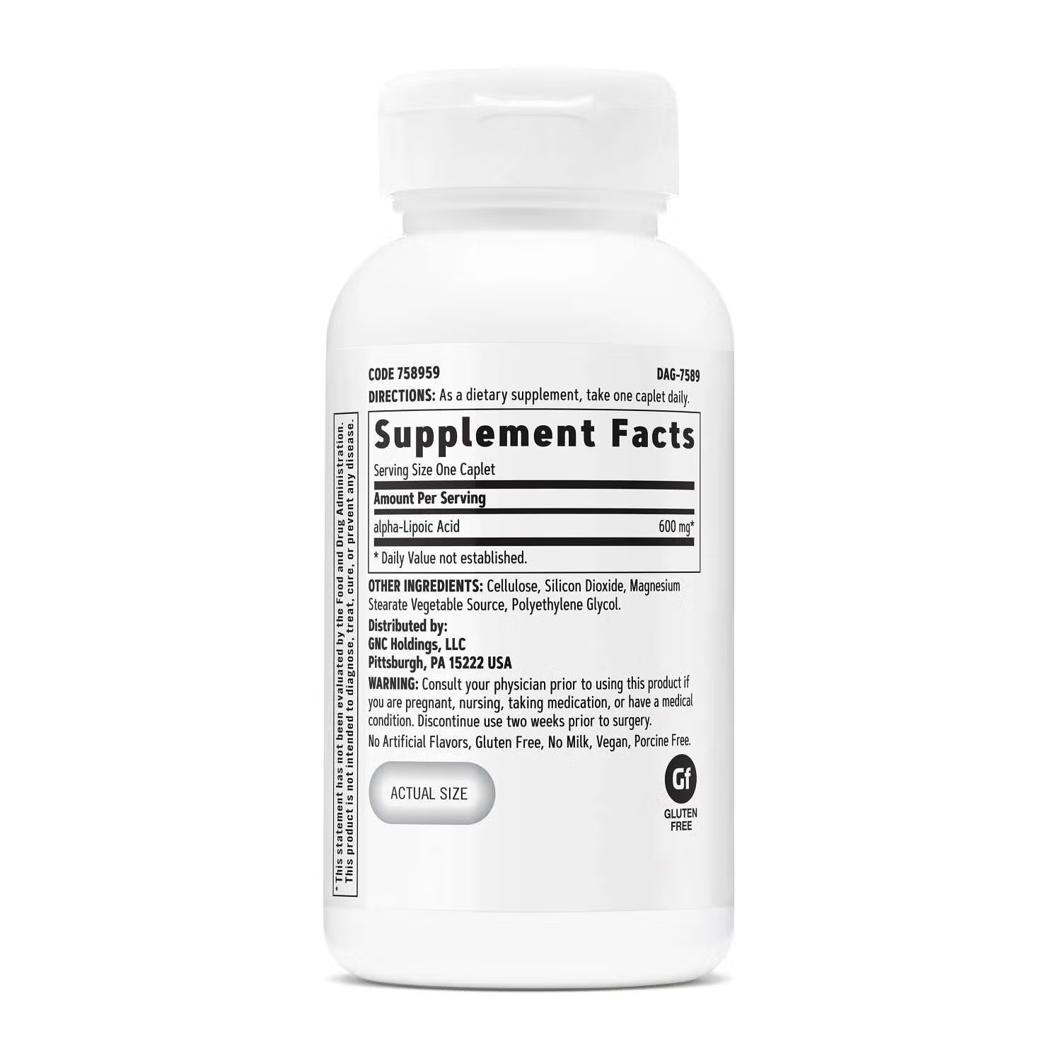 GNC Alpha-Lipoic Acid 600mg Supplement Facts - 1 Caplet per serving, Gluten Free Vegan No Artificial Flavors - GNC Holdings LLC Pittsburgh USA