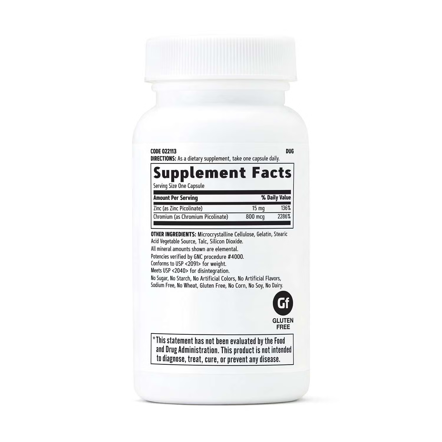 GNC Ultra Chromium Picolinate Supplement Facts - Serving Size 1 Capsule - Zinc (as Zinc Picolinate) 15mg (136% DV), Chromium (as Chromium Picolinate) 800mcg (2286% DV) - Gluten Free, No Sugar, No Artificial Colors by GNC USA