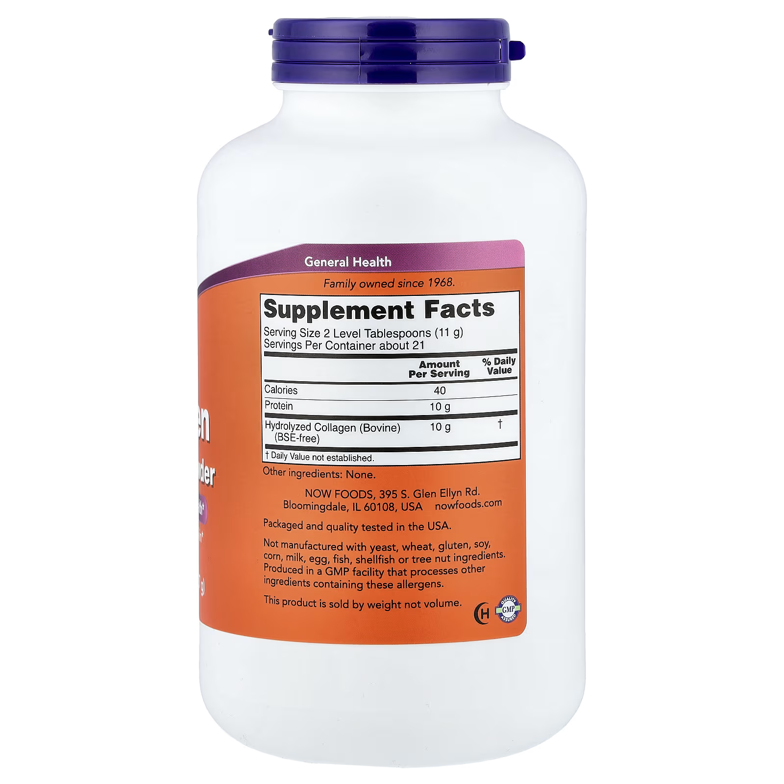 NOW Collagen Peptides Powder Supplement Facts - 10g Hydrolyzed Bovine Collagen per Serving, BSE-Free, GMP Certified, Made in USA