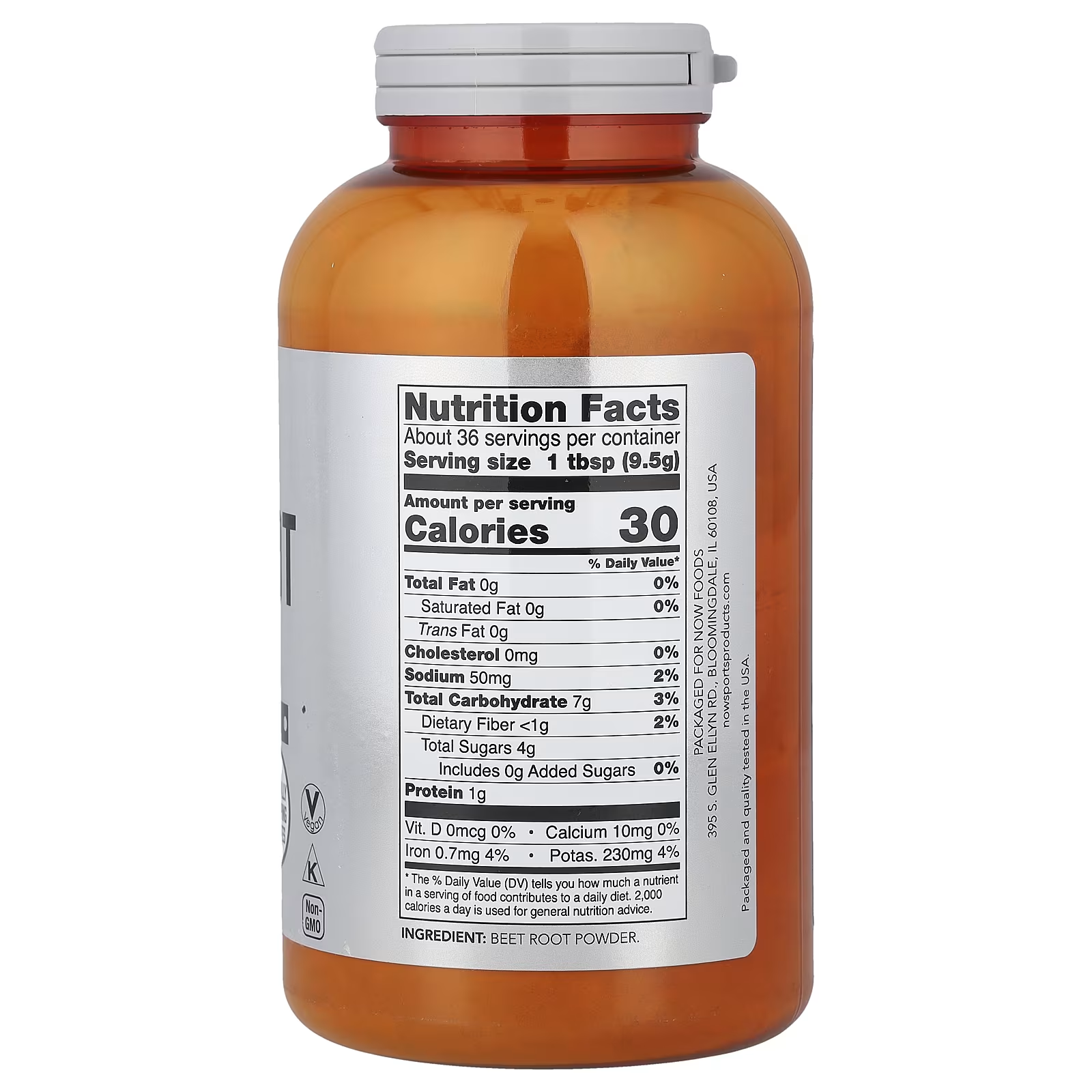 NOW Sports Beet Root Powder 340g nutrition facts label - 36 servings, 30 calories per serving, 7g carbs, 1g protein, naturally occurring nitrates, vegan and non-GMO