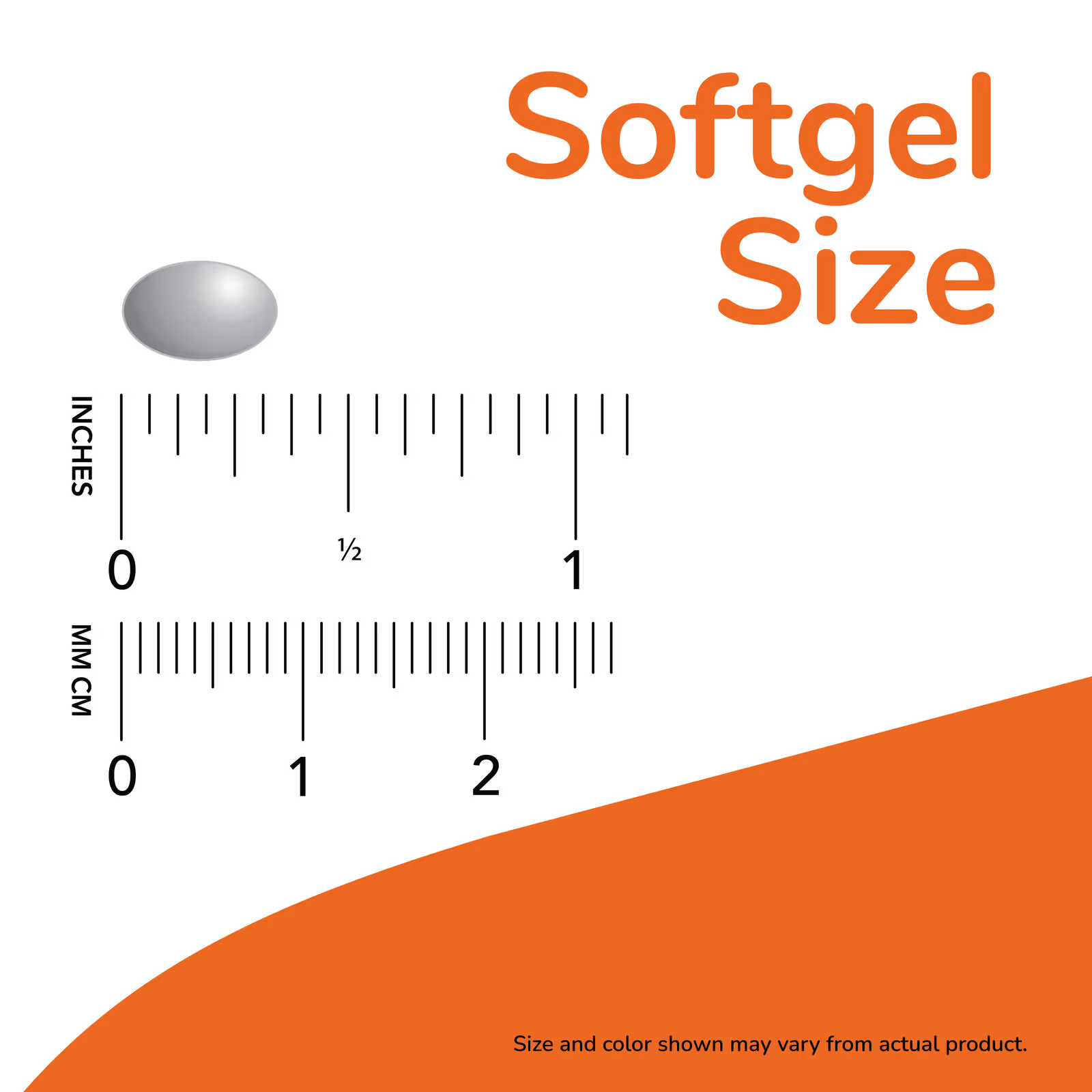 NOW Vitamin D-3 Softgel Size Comparison – Small Easy-to-Swallow Capsule with Inch and CM Ruler