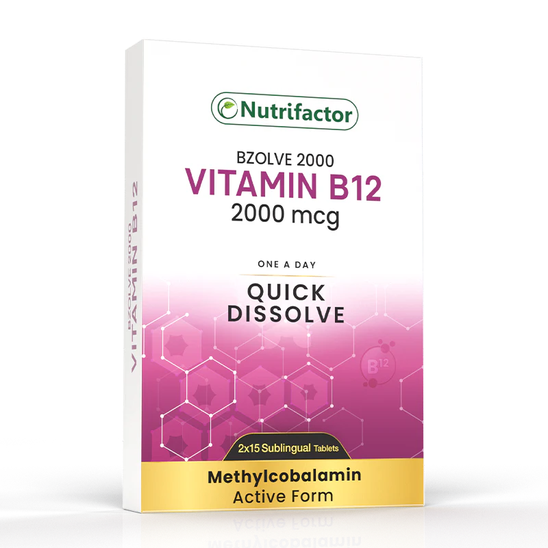 Nutrifactor Bzolve 2000 Vitamin B12 2000mcg Methylcobalamin Active Form – One a Day Quick Dissolve 2x15 Sublingual Tablets – available at docxora.com Pakistan