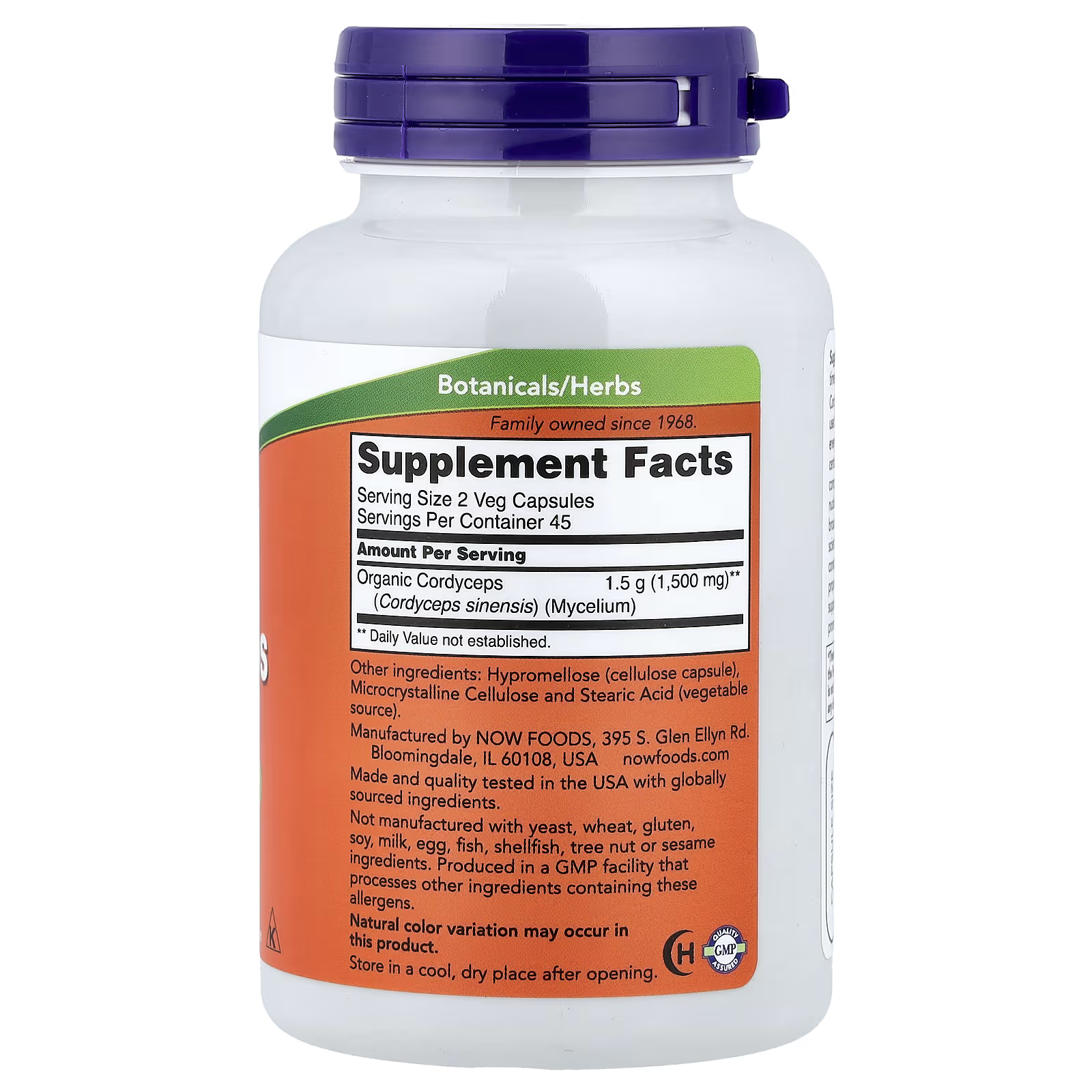 NOW Foods Organic Cordyceps 750mg Supplement Facts Label – 90 Veg Capsules, 1500mg per serving, Cordyceps sinensis Mycelium, GMP Certified, Docxora Pakistan