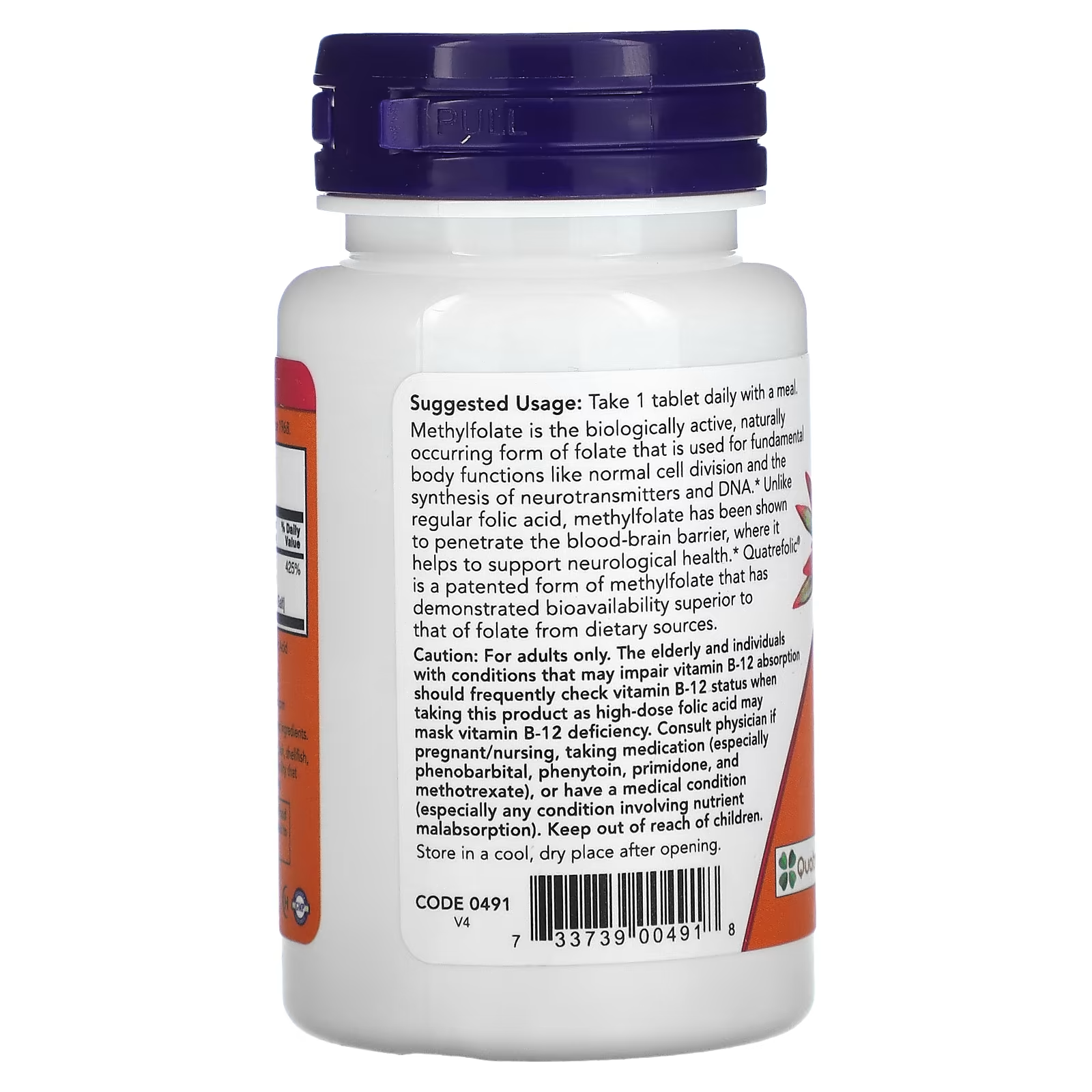Suggested Usage: 1 tablet daily with a meal
About Methylfolate: Blood-brain barrier penetration & Quatrefolic® bioavailability explanation
Caution notes: B-12 masking warning, medication interactions (phenobarbital, phenytoin, primidone, methotrexate), pregnancy/nursing advisory & storage instructions